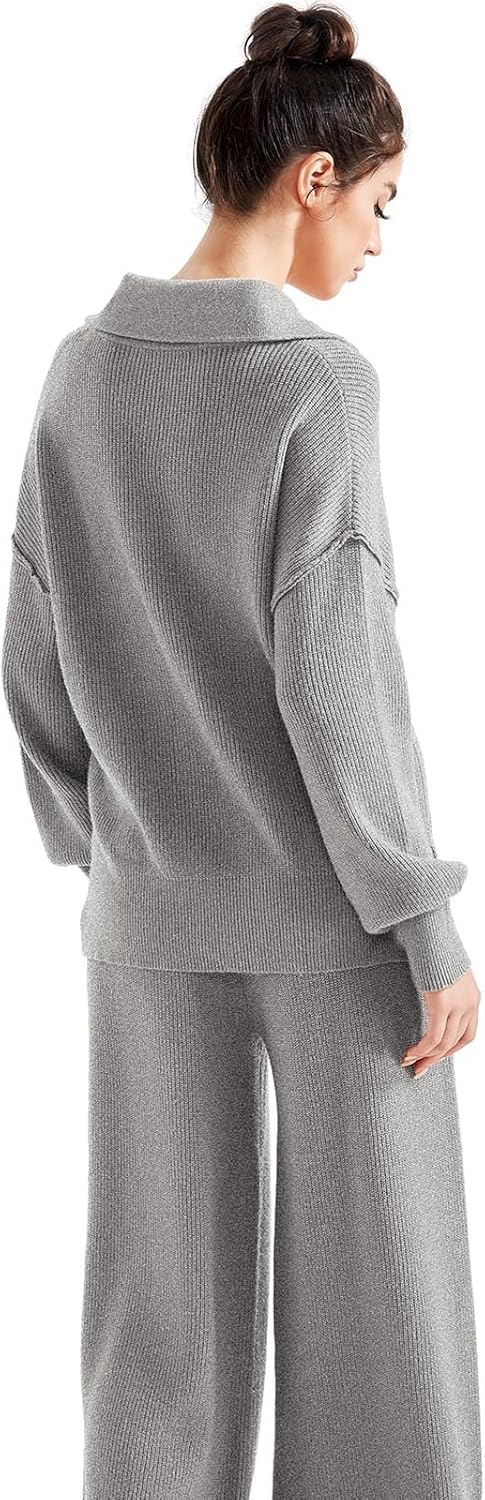 SUUKSESS Women 2 Piece Lounge Sets Oversized Quarter Zip Pullover Wide Leg Pants - Image 3