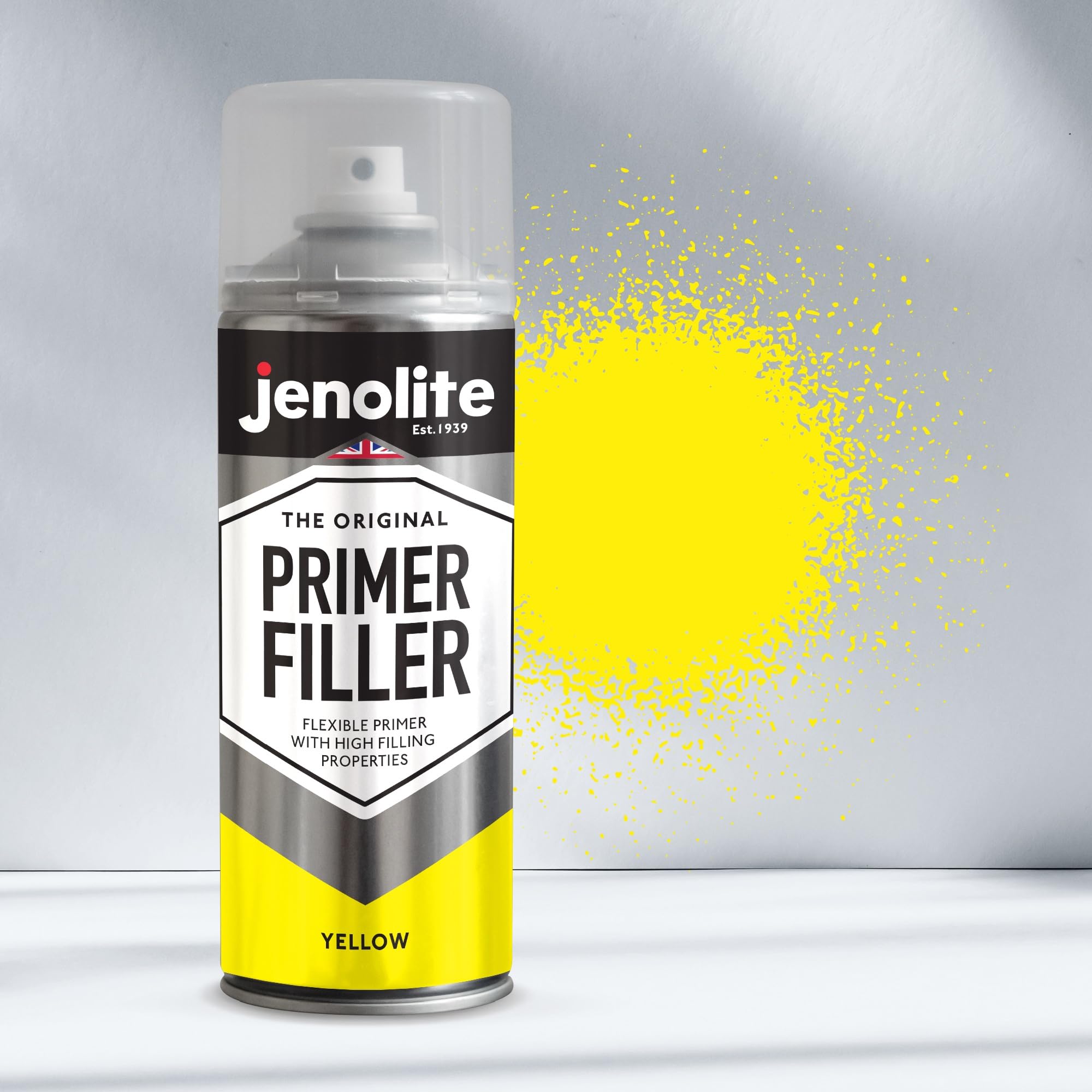 JENOLITE Peinture d'apprêt de remplissage en aérosol | JAUNE | Apprêt flexible avec des propriétés de remplissage élevées | Remplit les petites bosses et rayures pour une finition lisse | 400ml