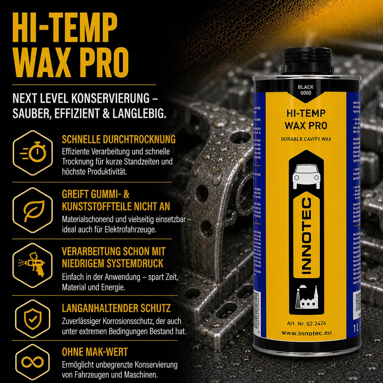 4 Stück Innotec Hi-Temp Wax Dry Schwarz - Next Level Konservierung für Automotive & Industrie - Idealer Unterbodenschutz und Hohlraumkonservierung - Rostschutzmittel für Fahrzeuge - 1 Liter Dose