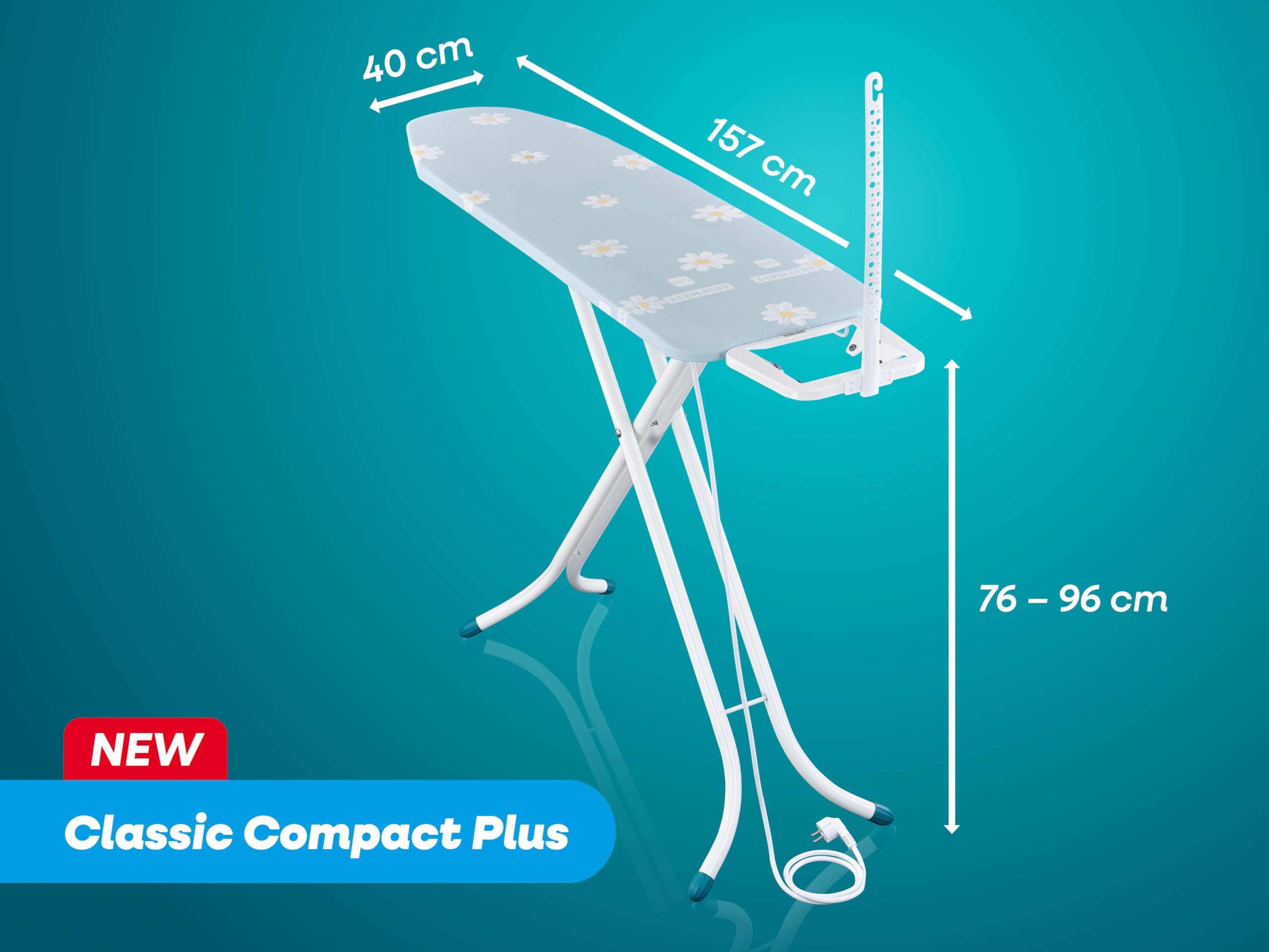 Leifheit Bügelbrett Classic M Compact Plus, Bügeltisch mit Fläche 20 x 38cm | Kompakte Streckmetall-Bügelfläche, stabil und höhenverstellbar 76-96 cm, Kabelhalter, Transportsicherung, weiß/blau/gelb