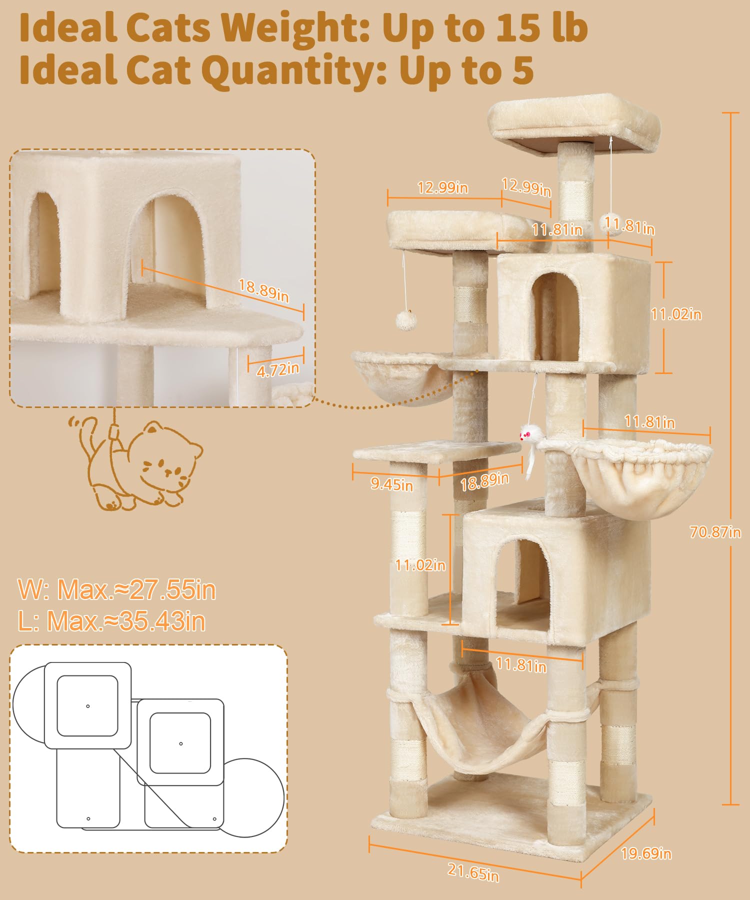 AMHANCIBLE Tall Cat Tree, 70 Inch Cat Tower for Indoor Cats, Multi-Level Cat Tree with Scratching Post, Hammock, Hanging Basket, Large Cat Condos for Adult Cats Kittens, Beige, PT18BG - image 2