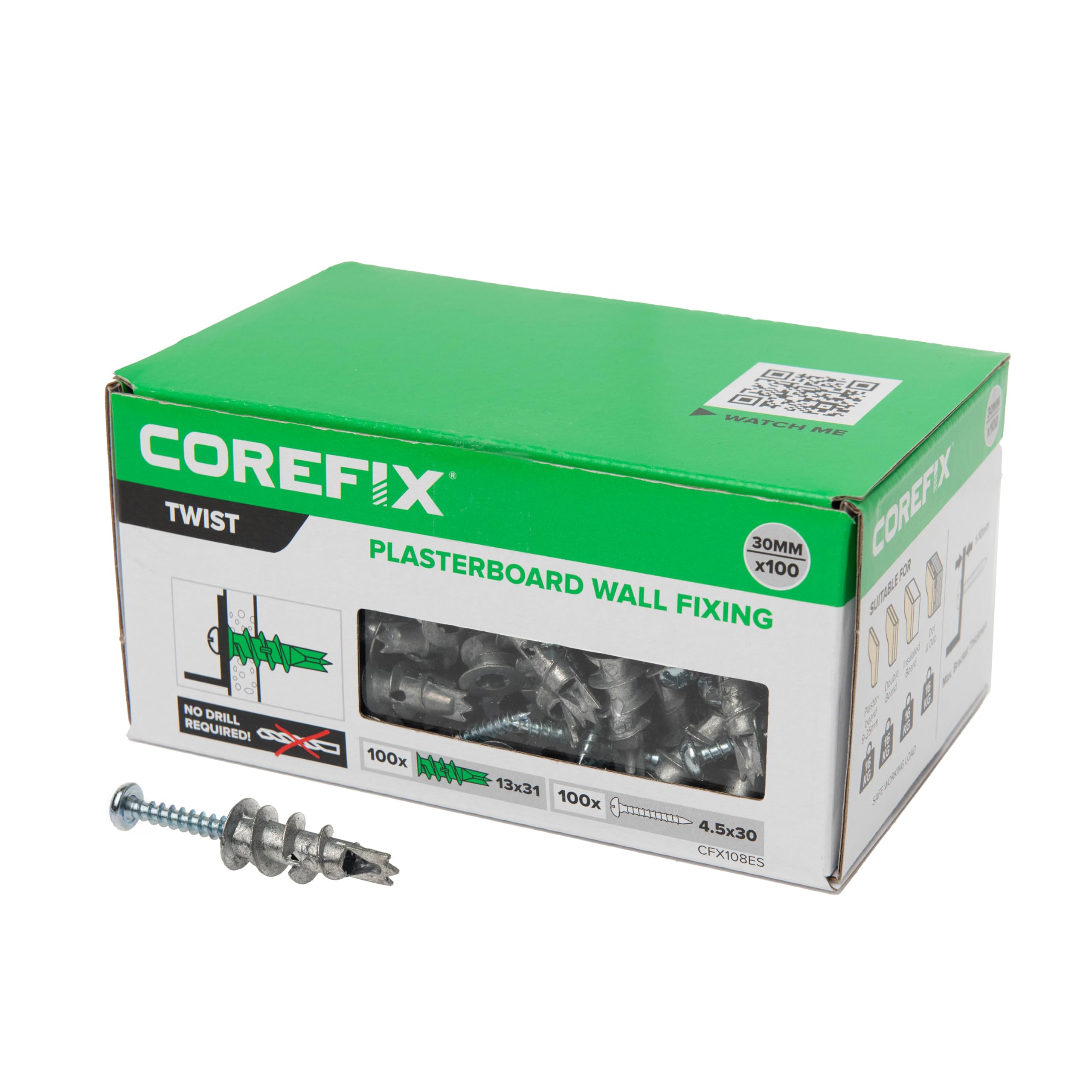 Corefix Twist Metal Plasterboard Fixing Pack of 100 Self-Drill Fixings with Screws for Tight Grip and Strong Hold. Easy to Install with NO Drill Required Suitable for All Plasterboard Types.