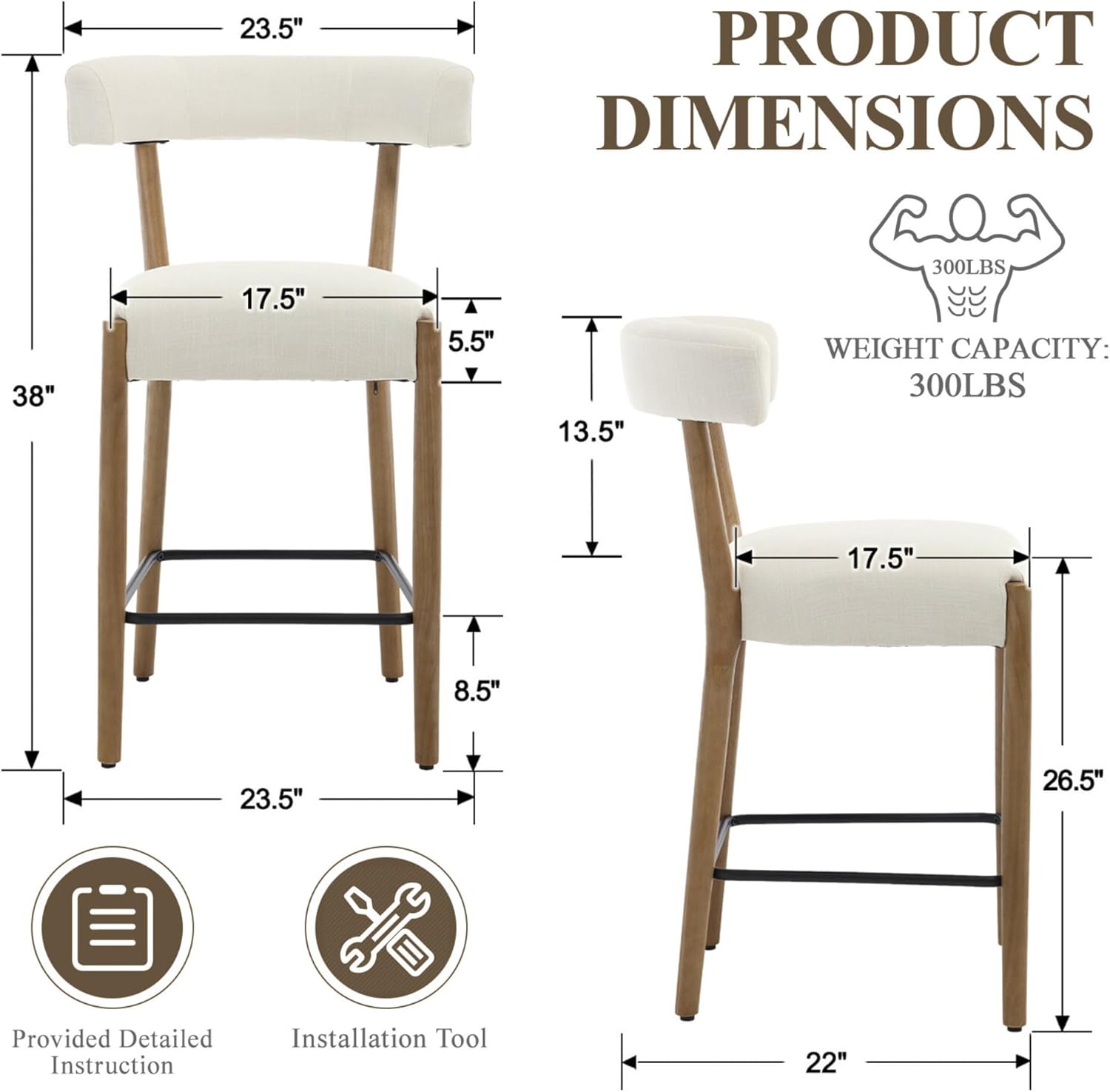 chairus Beige Bar Stools Set of 2, 26.5" Seat Height Counter Height Barstools, Upholstered Linen Bar Stool Chairs with Back and Footrest for Island, Counter Bar, Kitchen