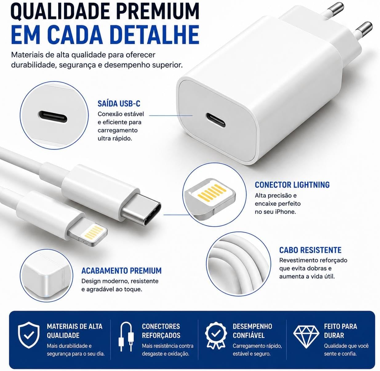 Kit Carregador Turbo Linha Premium Cabo USB-C Compativel com Iphone + Fonte USB-C Carregamento Ultra Rápido Homologado