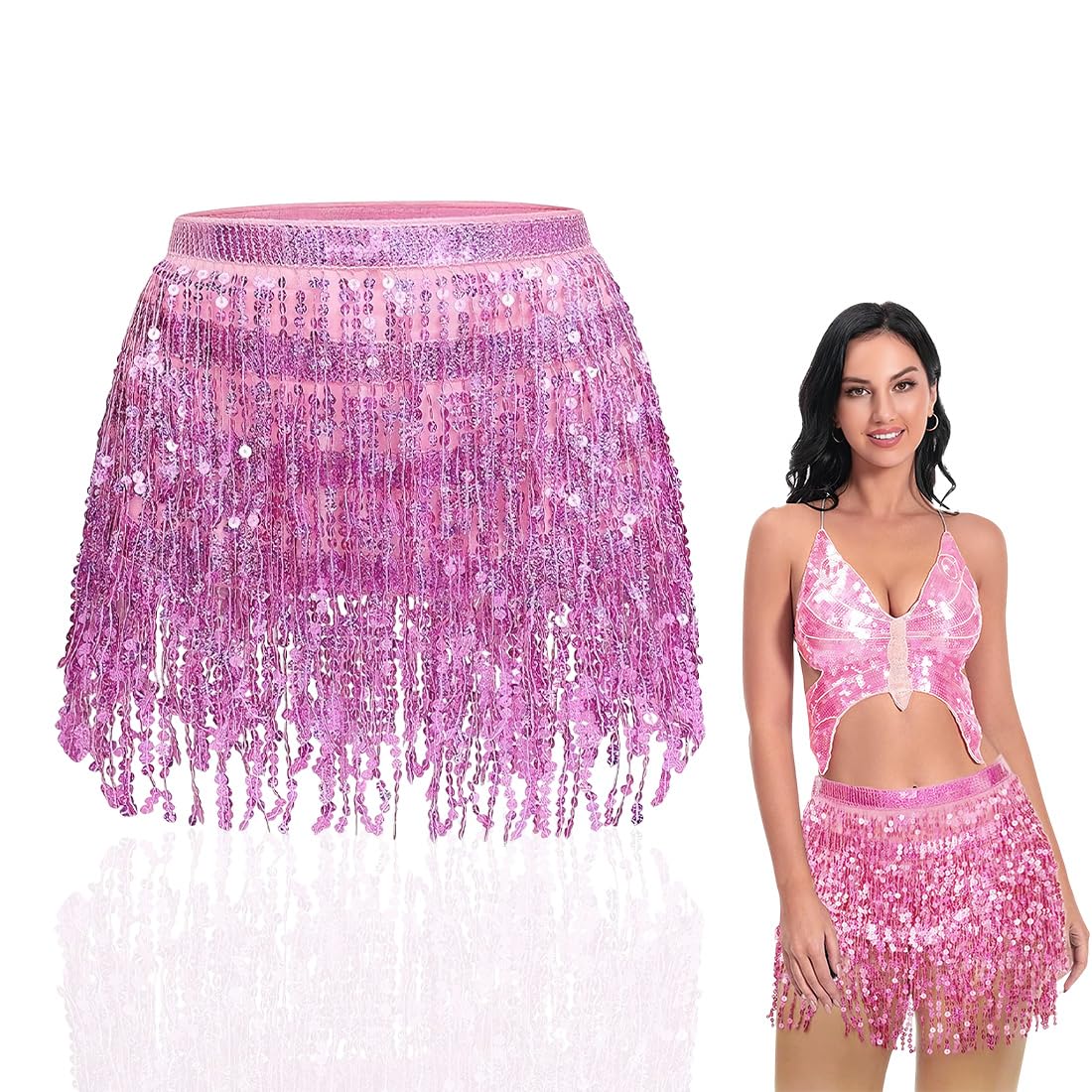 Falda de lentejuelas con borlas para danza del vientre, 4 capas, rosa