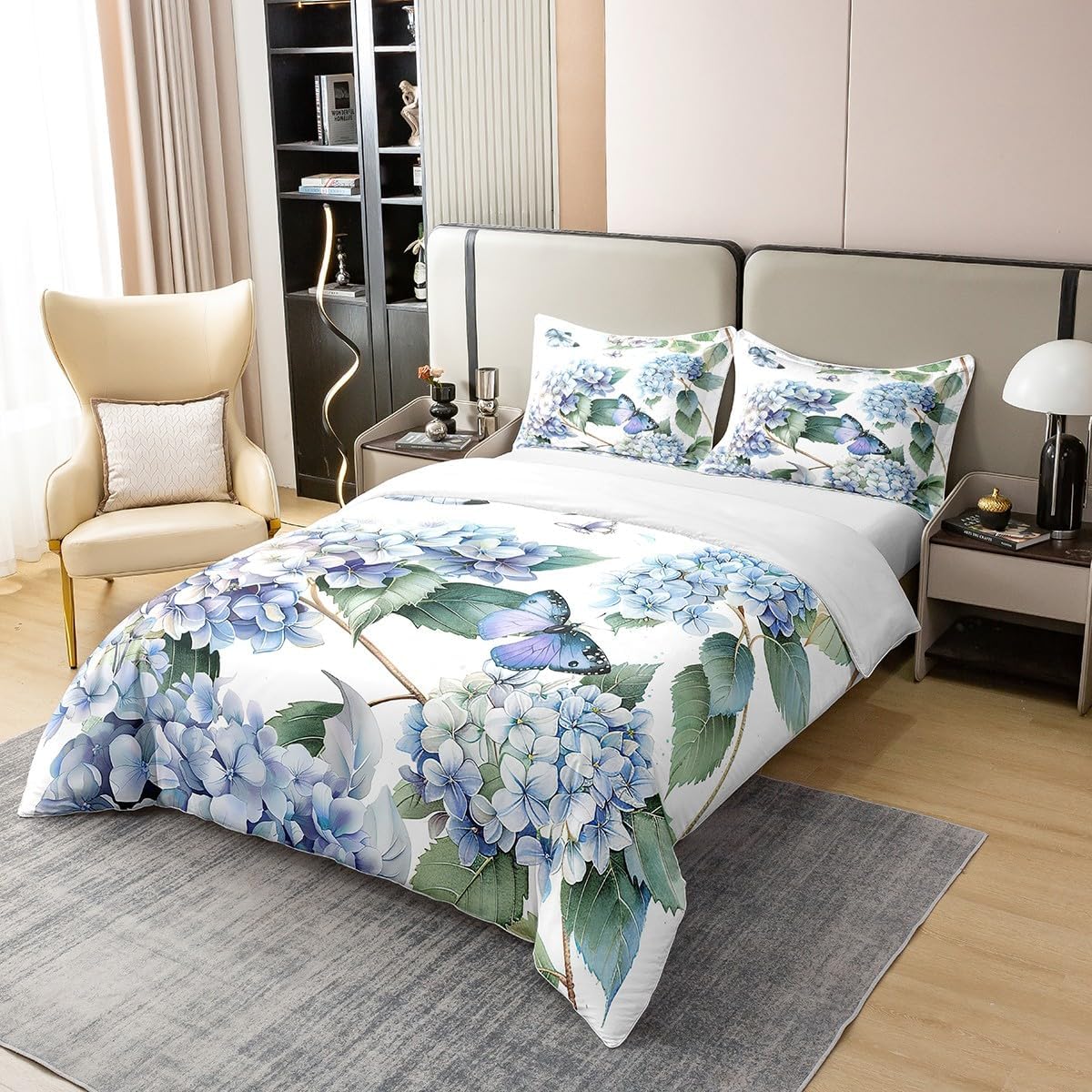 Girls Ombre Floral 100% Natural Cotton Comforter Cover Twin Size,Blue Hydrangea Flowers Bedding Set,3D Butterflies Duvet Cover,Summer Garden Rustic Theme Bedspread Cover,Bedroom Decor 2Pcs - Image 3