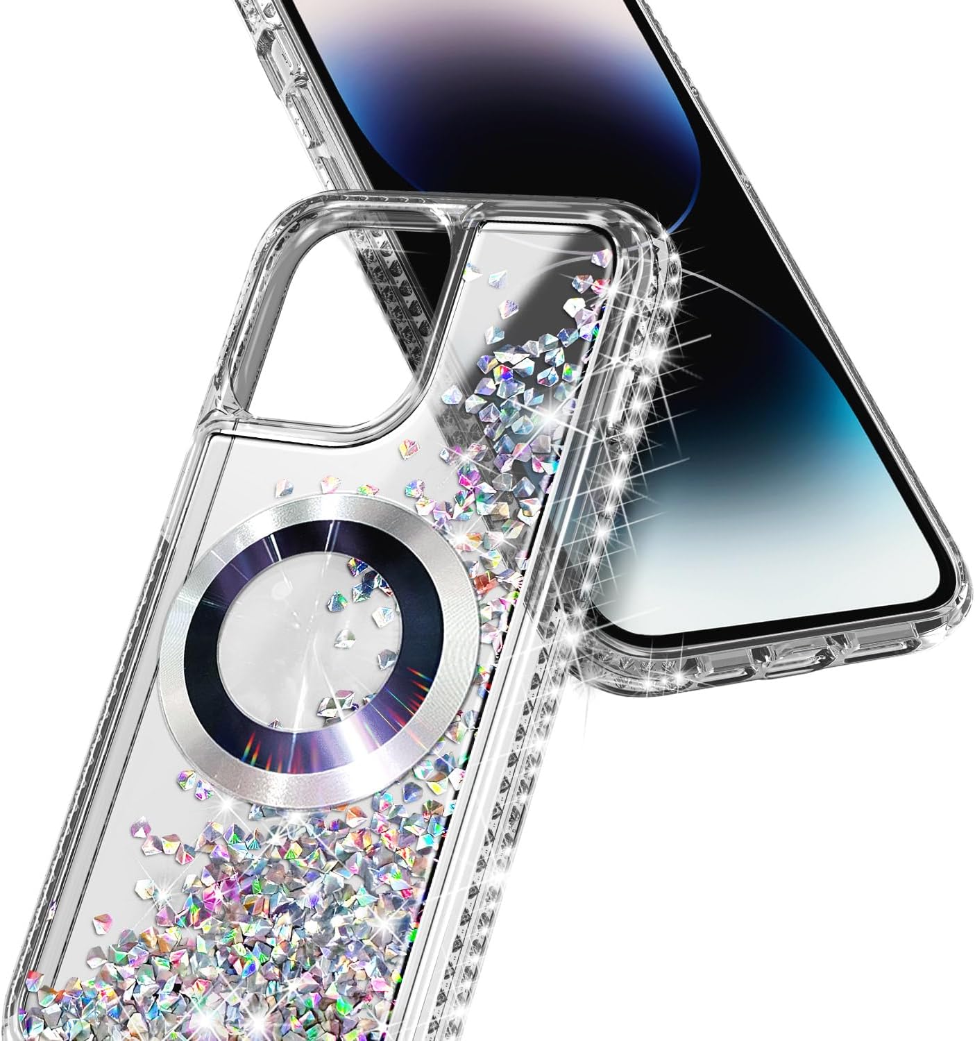Designed for iPhone 15 Pro Max Magnetic Case Compatible with MagSafe, Tempered Glass Screen Protector/Camera Lens Protector/Wrist Strap Lanyard, Glitter Floating Liquid Cute Case (Diamond) - Image 5