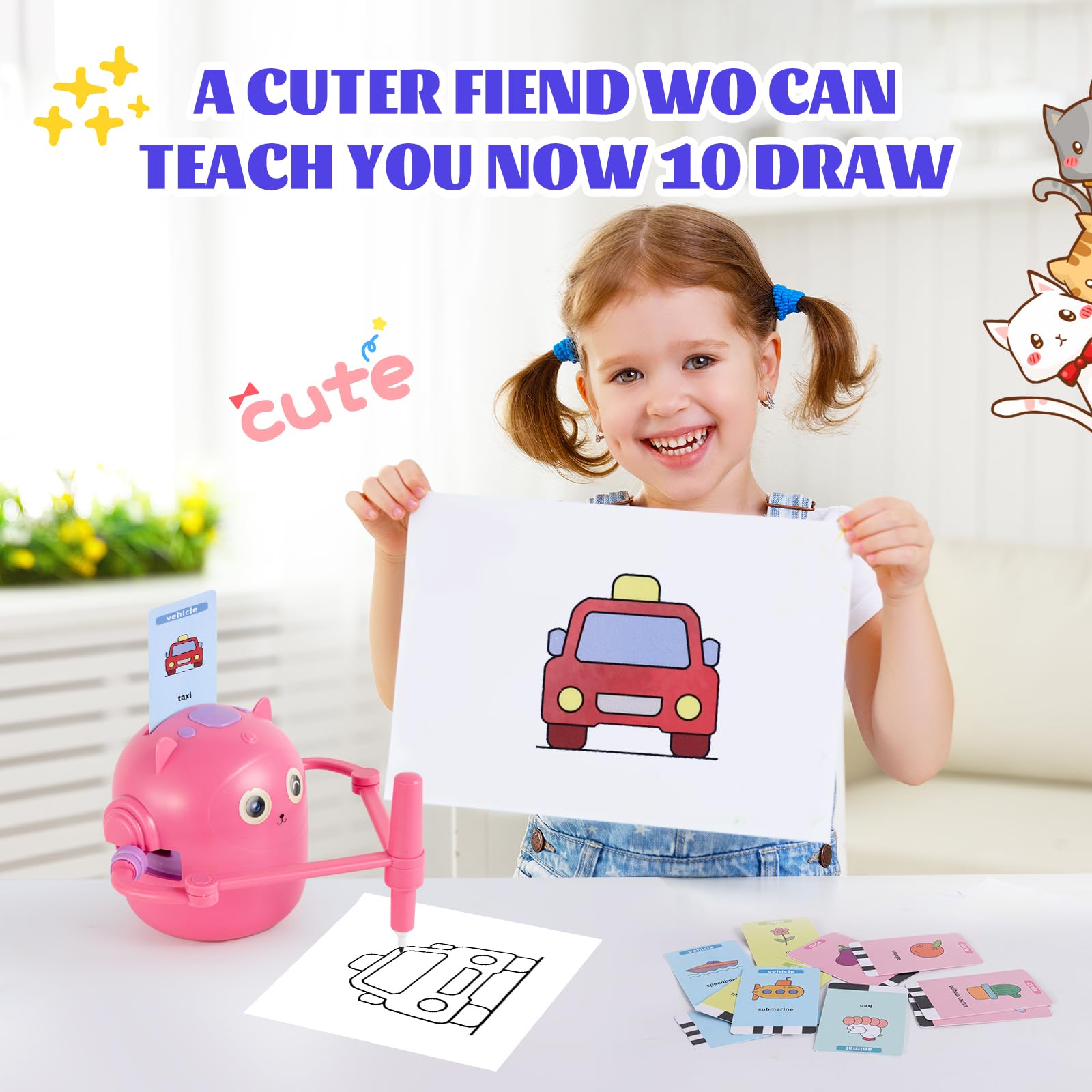 Drawing Robot, Robot da Disegno per Bambini con 100 Carte, Robots da Disegno Che Dipinge, idraw robots Magico Interattivo per Bambini&Bambine (Rosa)