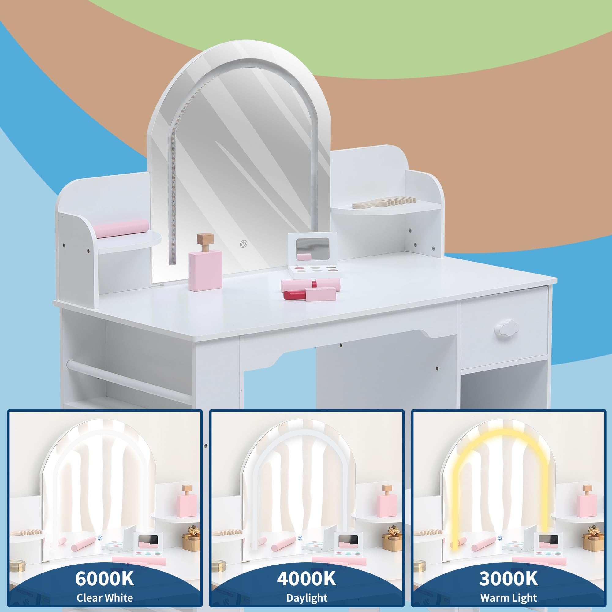 Tocador de Maquillaje 2 en 1 con Luz y Espejo, Tocador Niña con Taburete, Tocador Infantil con Luces LED Ajustables, Estantes de Mesa y Bajo Mesa, Cajones y Estanterías Laterales