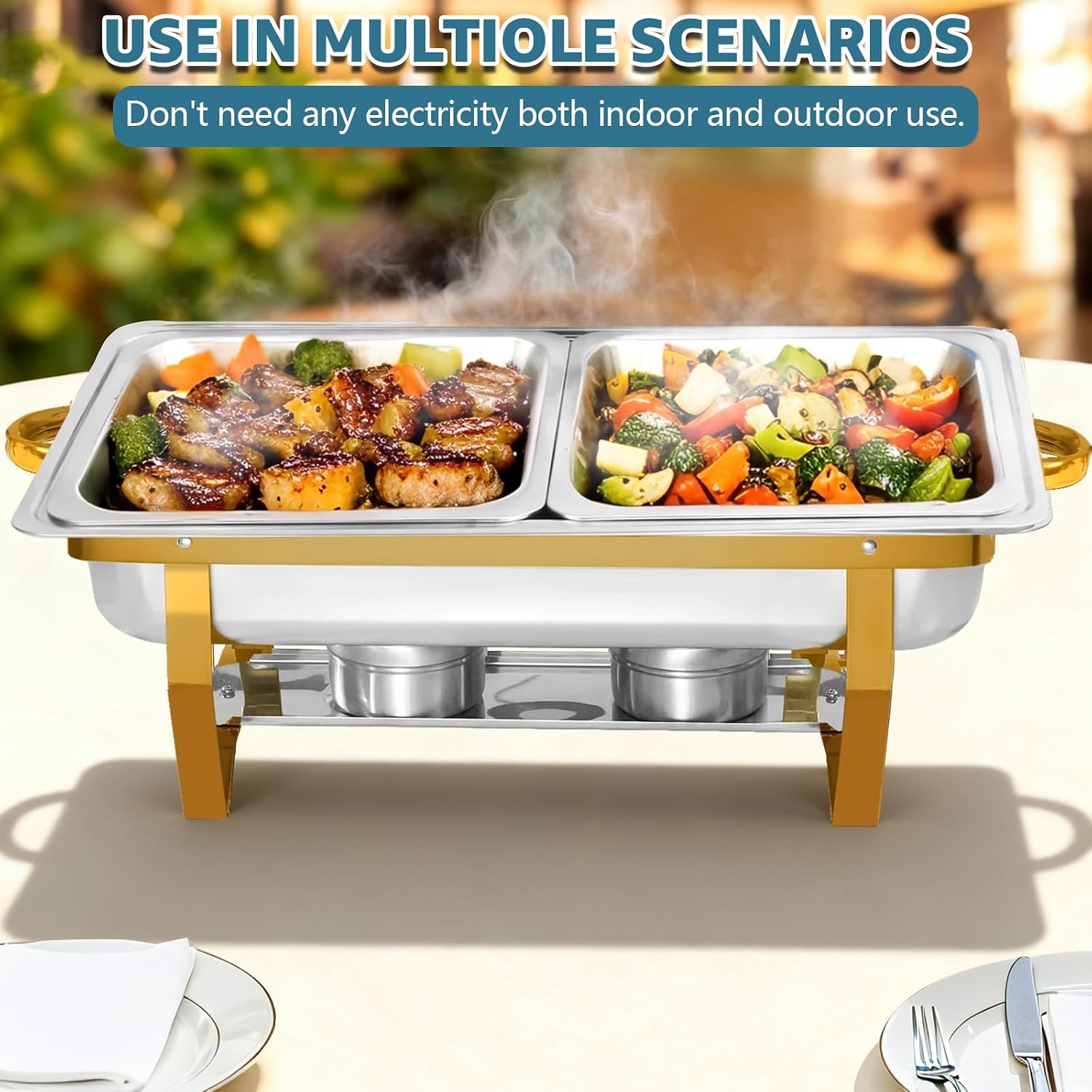 4 Pack Chafing Dish Buffet Sets, 8QT Food Warmer for Buffet, Half Size Food Pans Chafers and Buffets Warmers Sets for Catering (4 Pack Gold 1/2 Pan)
