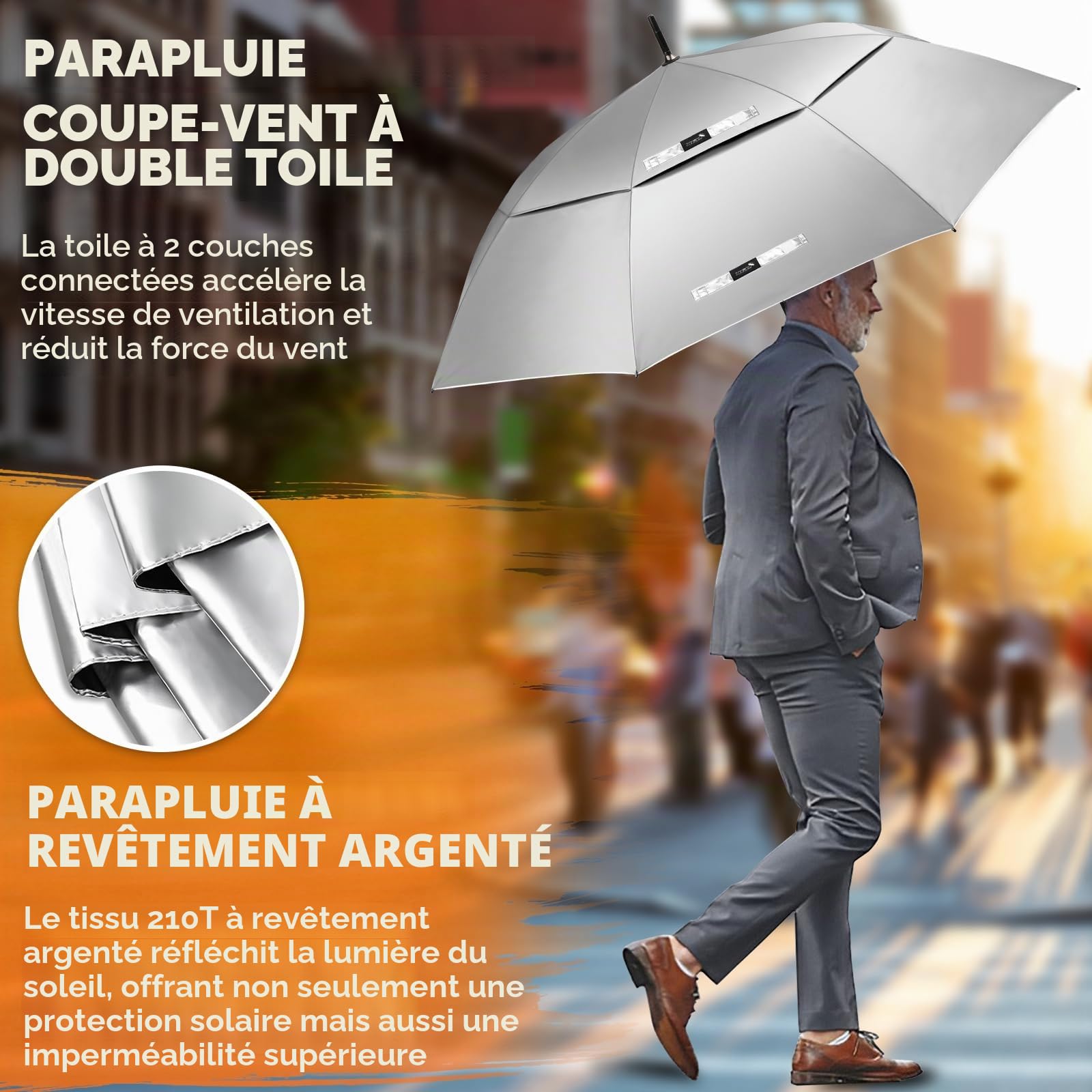 ZOMAKE Grand parapluie de golf anti-vent auto-ouvert avec poignée en J pour femmes enceintes, personnes âgées et enfants Argenté et noir 54 pouces