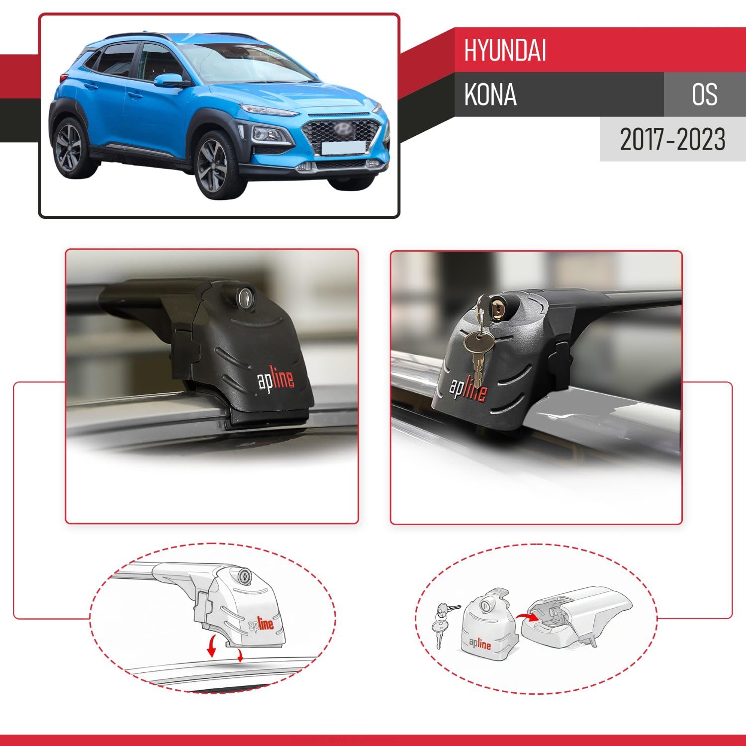 Kompatybilny z Hyundai Kona (OS) 2017-2023 Aluminiowy bagażnik dachowy – 2 poprzeczki, czarne