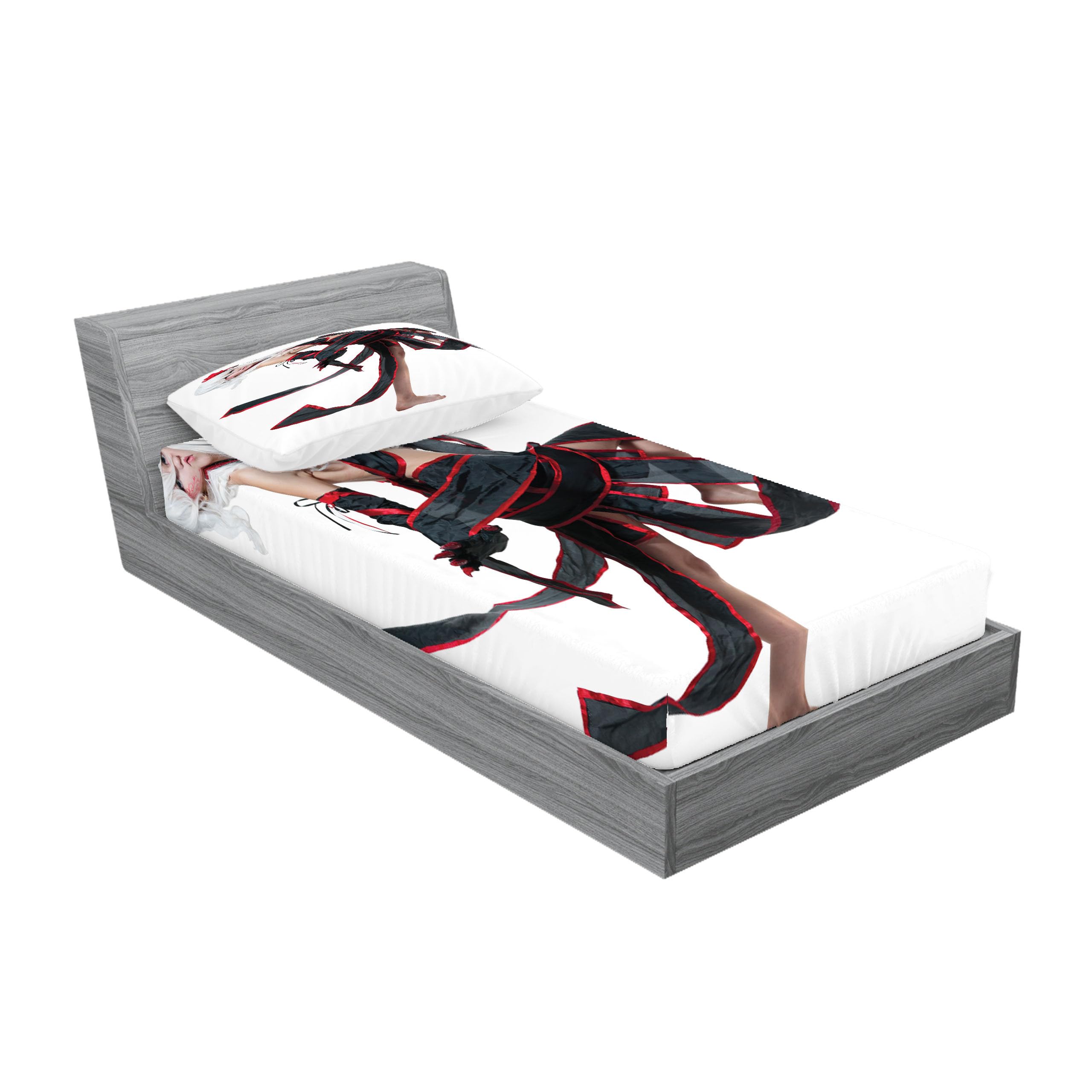 Ambesonne Anime Fitted Sheet & Pillow Sham Set, Posing Warrior Girl in Manga Style Japanese Culture Themed Illustration Art, Decorative Printed 2 Piece Bedding Decor Set, Twin, Red White