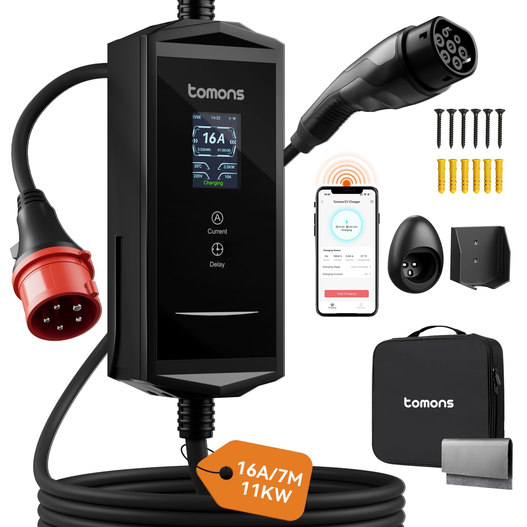 tomons Cavo Ricarica Auto Elettrica Tipo 2 con App, 11 kW 7M wallbox CEE trifase 16A,2,4" LCD IP65,Tempo e Corrente Regolabili per e Corrente Regolabili ID.3/4/5/7, Model Y/3,e Altri PHEV/EV