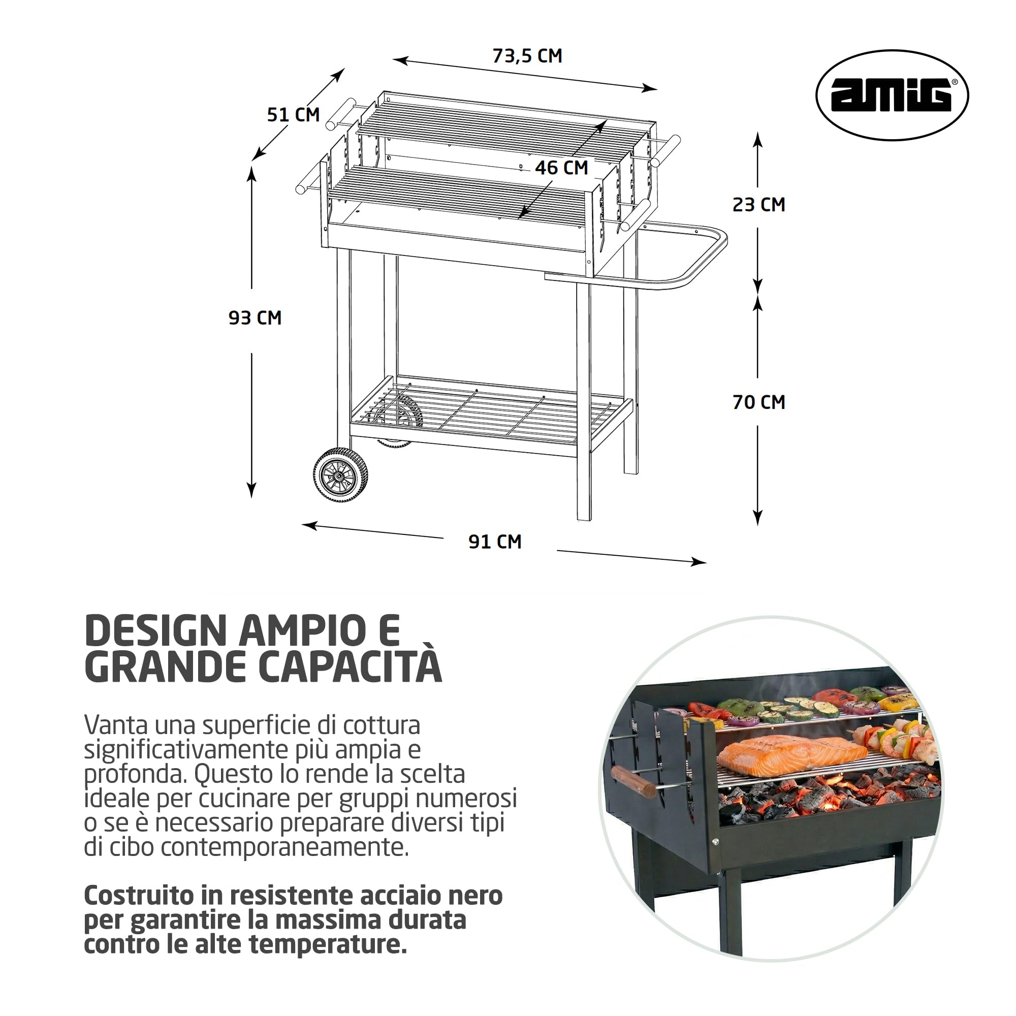Amig - Barbecue a carbone - 94 x 51 x 93 cm - Nero - Realizzato in Acciaio - per giardino e patio con uso familiare e riunioni, con montaggio semplice, pulizia comoda e qualità costante. Mod. DRAKEN