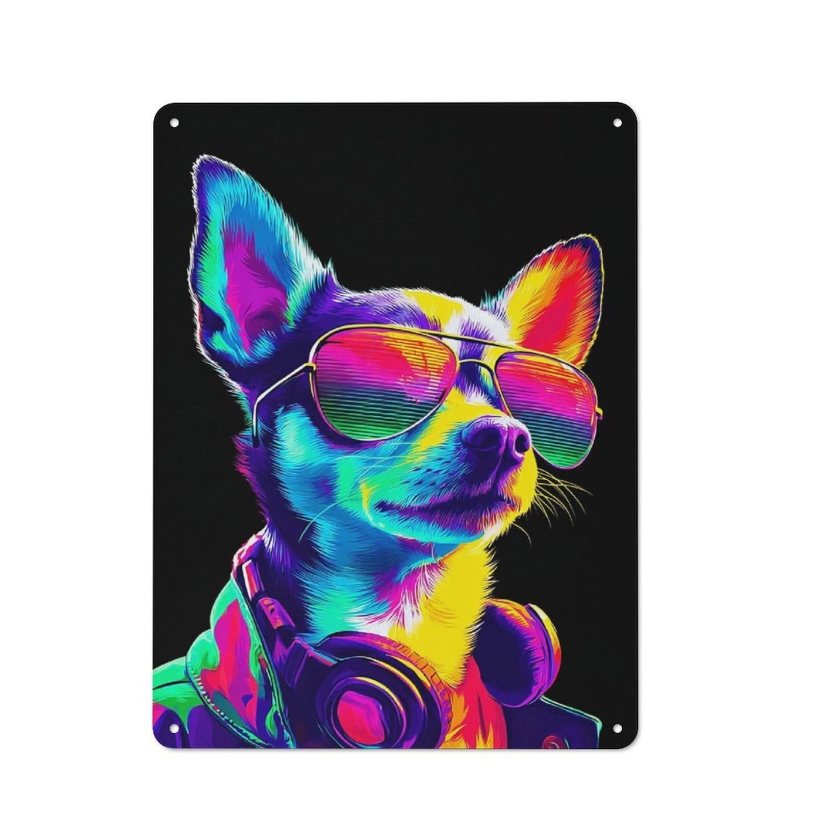 Junmoney Vibrant Neon Dog With Sunglasses Rustic Tin Sign 40X30cm For Lounge Or Reading Corner, For Vintage Wall Decor Fans, For Garage And Workshop Walls