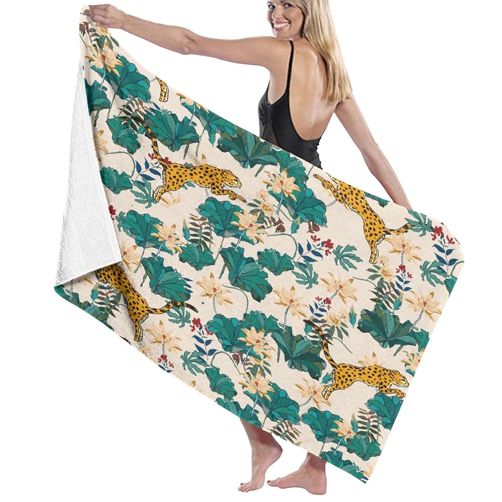 Lsjuee Leopard Leaf Beach Towel for Boys Sand Free Superfine Fiber Beach Towel Oversized for Men for Swimming Beach Picnic Cruise Gym Fitness Swimming Class Honeymoon Camping 32INx52IN