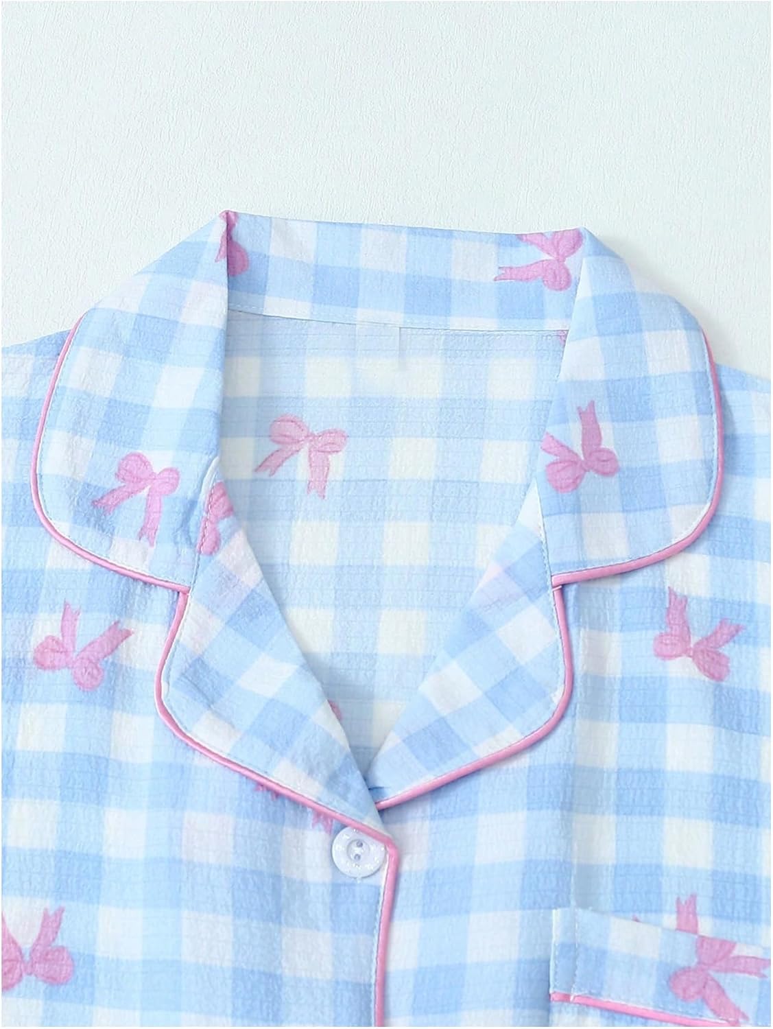 Verdusa Women's 3 Piece Cute Bow Plaid Pajama Set Button Down Short Sleeve Top and Shorts with Pants - Image 4