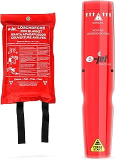 e-Jet Aerosol Feuerlöscher & Feuerlöschdecke XL – 2er Set, kompakte Brandschutzausstattung für Küche & Büro, DIN EN 1896