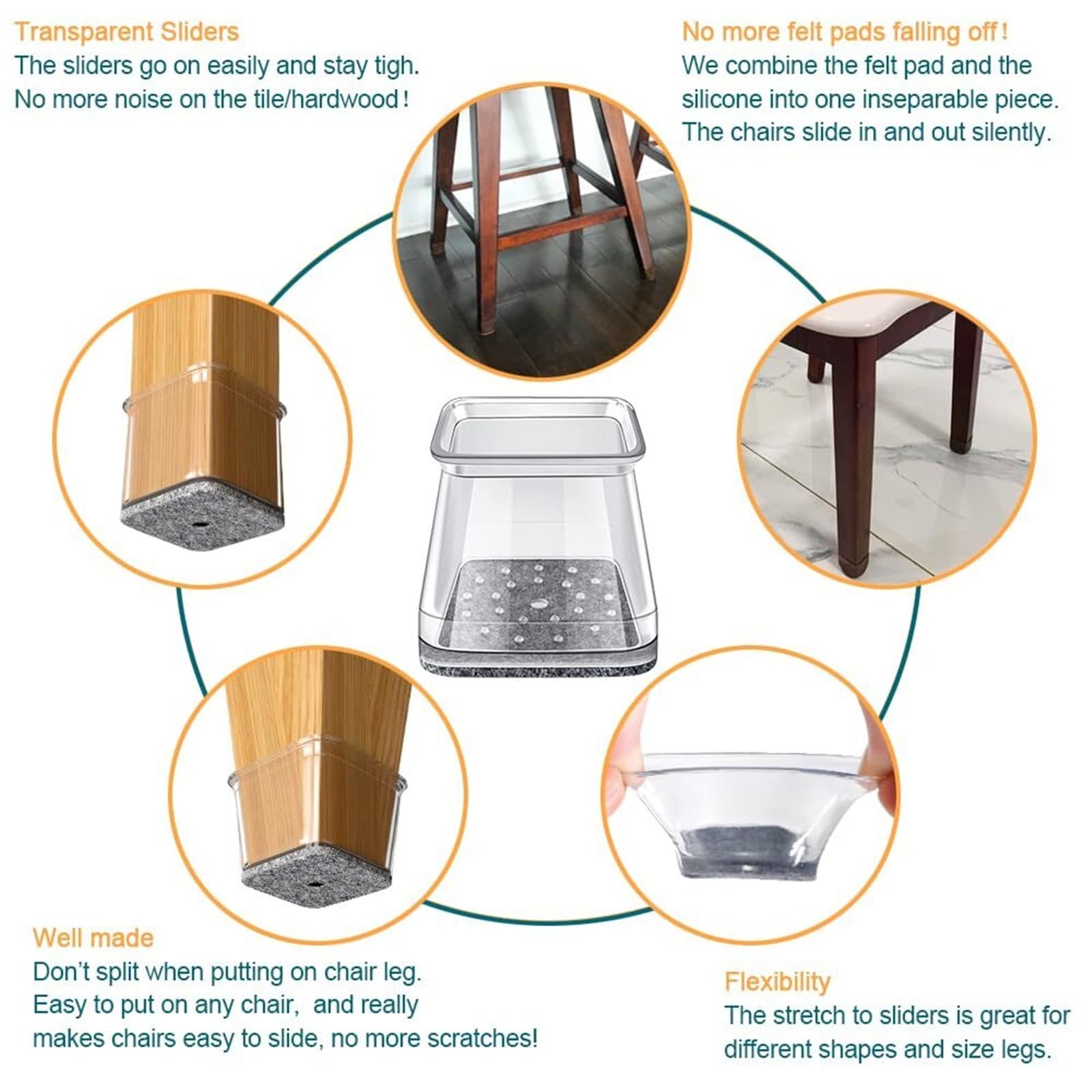 Fieltro Adhesivo Protectores de Patas Silla Deslizadores Piso Fieltro | 32 Uds. Tapas cuadradas de silicona for muebles for caminar tranquilo(32 PCS_XL)