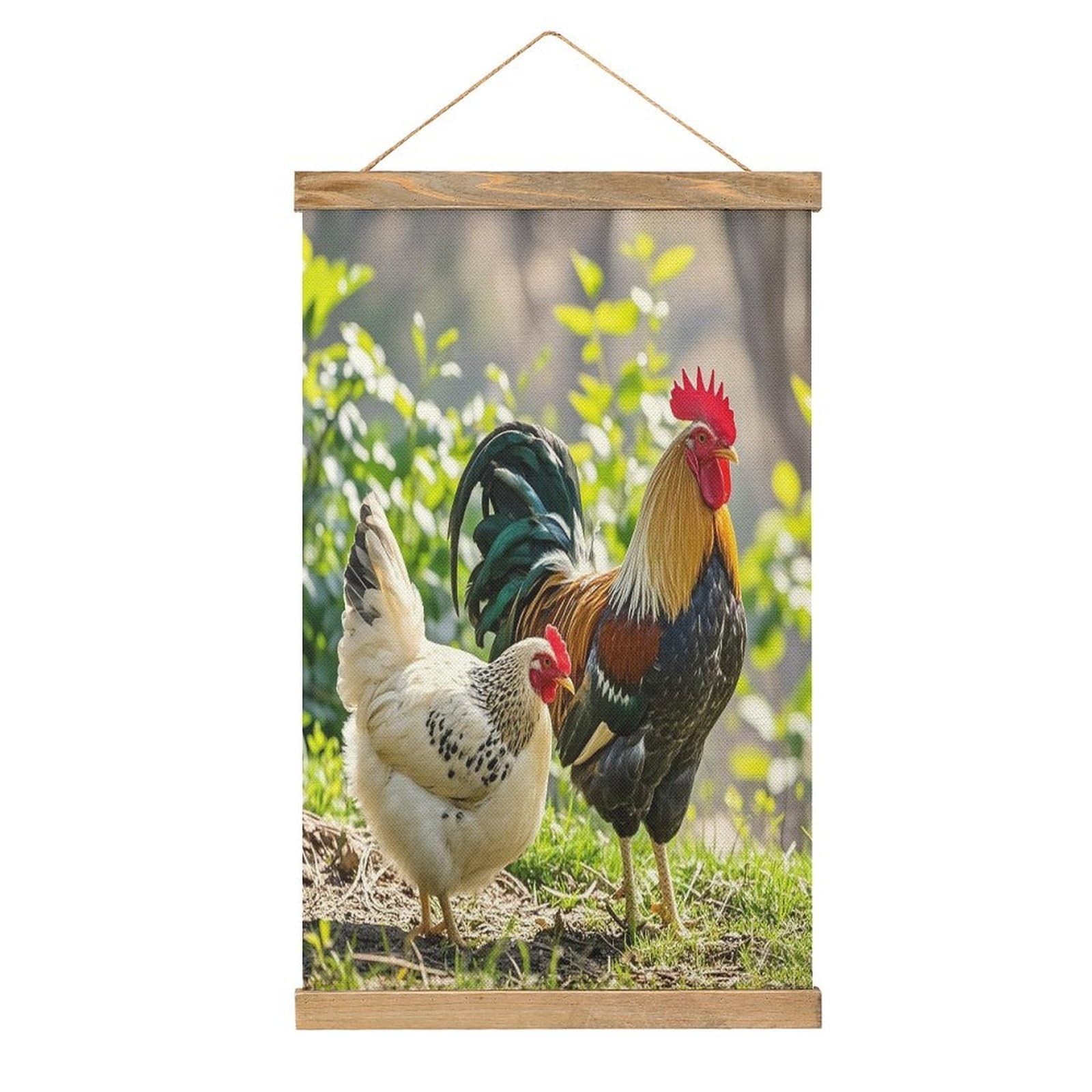 FekiLoot Rooster And Hen Wall Art Poster Hanger Frame Linen Wall Art Decor Vintage Hanging Poster Hanging Wall Decor Rustic Retro Wall Art Print for Living Room Decor 20.4 X 13.1Inches