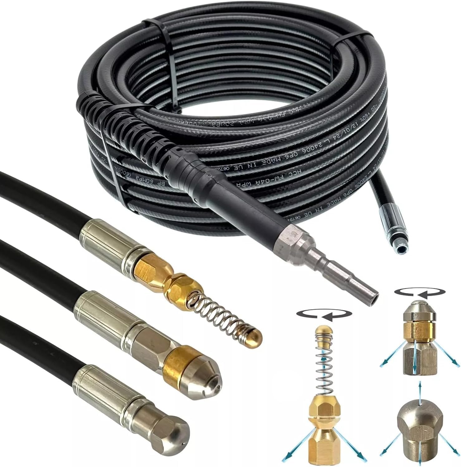 Rohrreinigungsschlauch für Kränzle DN10 K1050 X-Serie Verstopfung Abfluss Düsen Kanalratte flexible Reinigung Rohrreinigungsset (Set - Starr & rotierend & Spiral, 10 Meter)
