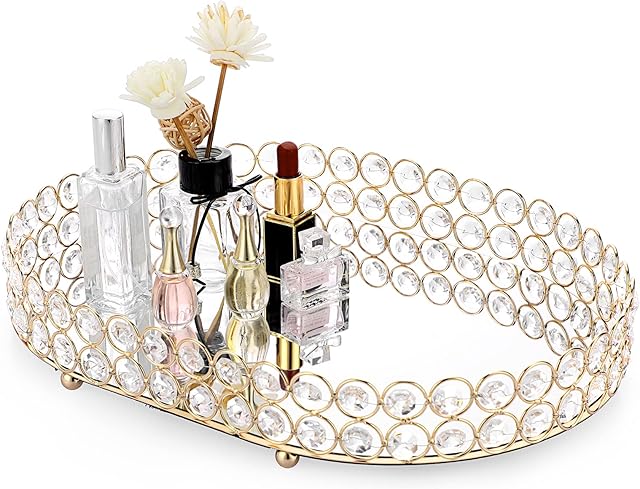 Hipiwe Crystal Vanity Tray Mirrored Dresser Perfume Trays for Makeup Tray Cosmetic Skin Care Storage, Jewelry Trinket Organizer Tray for Bathroom Countertop Home Decor (Large, Gold)