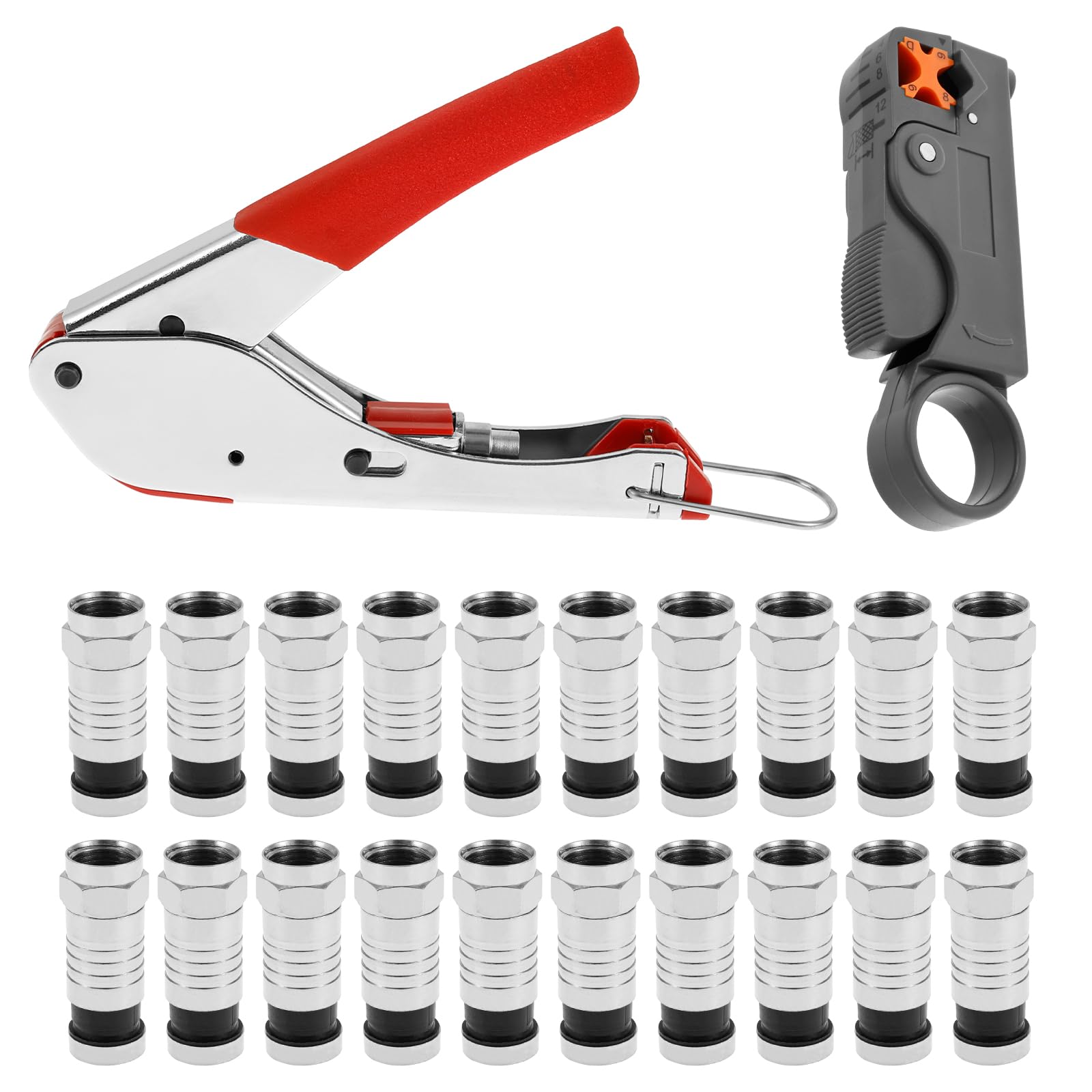 Coax Cable Crimper Kit Coaxial Cable Compression Tool Kit with 20x F Type Connector + Wires Terminal Stripper for Home Theater Satellite System RG59 RG6 TV AV Cables
