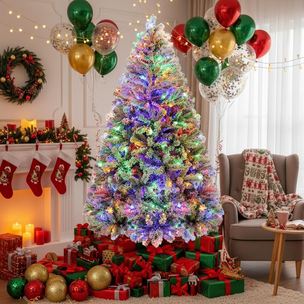 180cm Sapin de Noël Artificiel Enneigé 250 LED RGB Premium Arbre de Noël avec Support Métallique Pliable 1000 Pointes de Branches Décoration Festive Blanc 2025