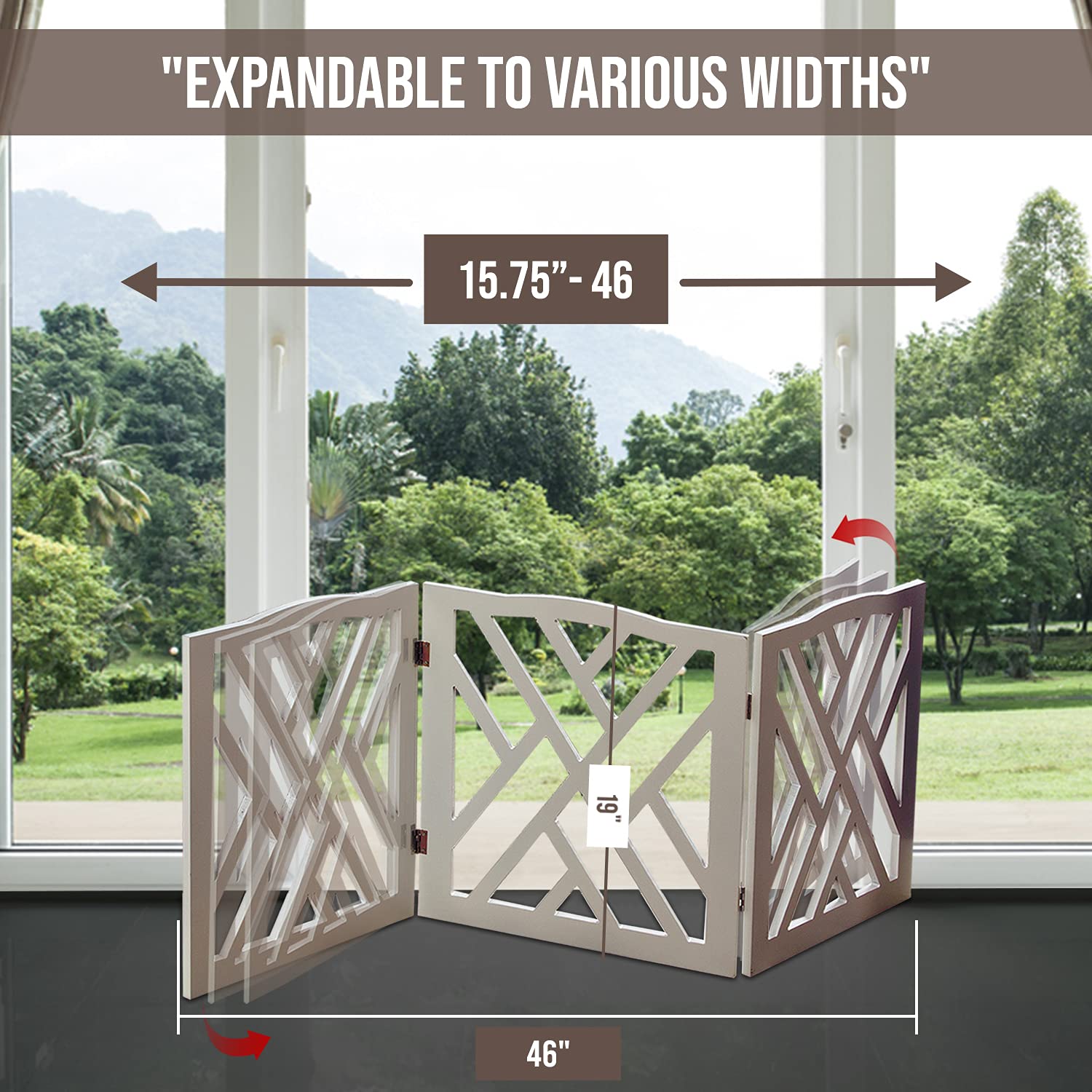 Bundaloo Freestanding Dog Gate Expandable Decorative Wooden Fence for Small to Medium Pet Dogs, Barrier for Stairs, Doorways, & Hallways (Crisscross - Grey)