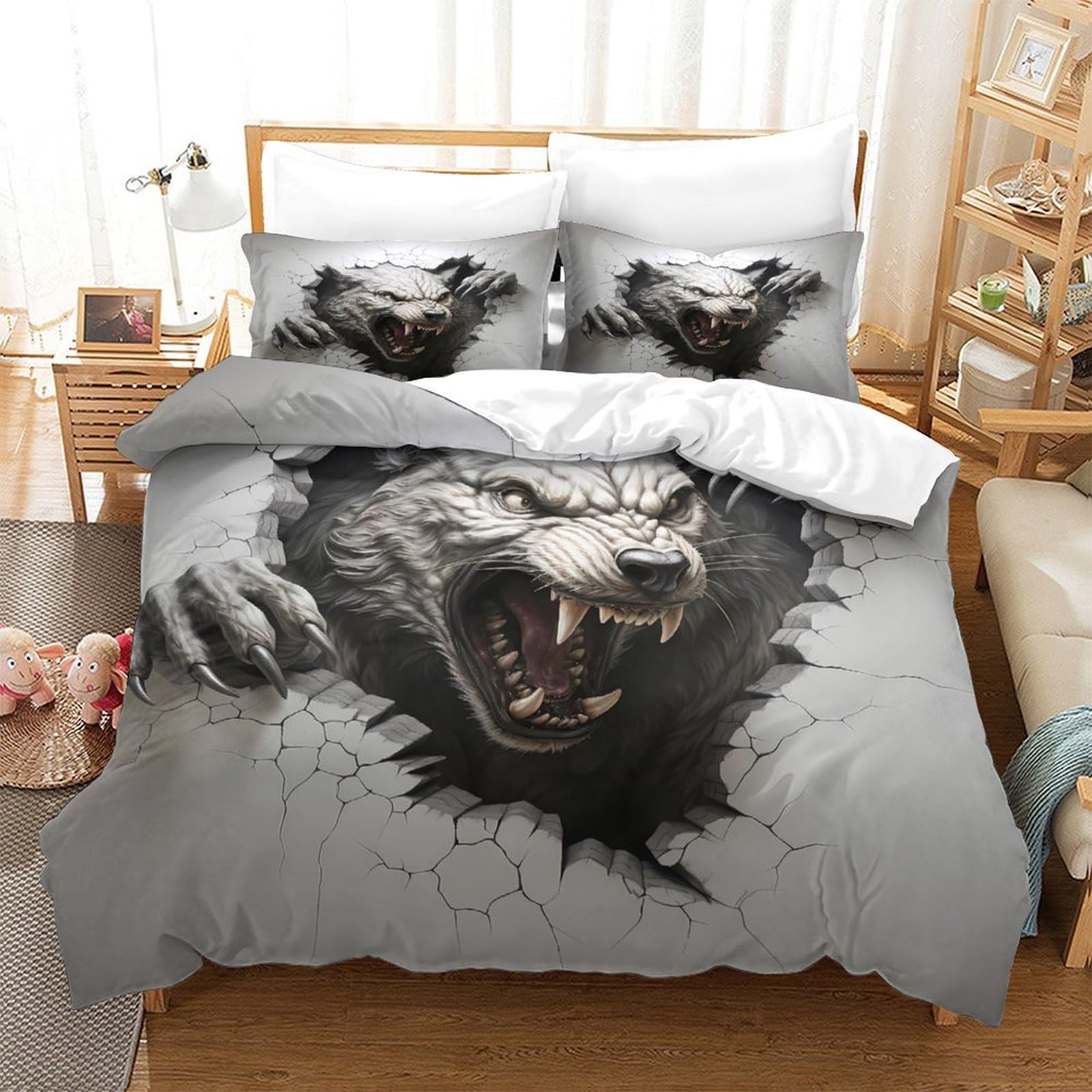 Grauer Wolf 3-teiliges Reines Polyester 3D Wandbild Stil Bettbezugset, Versteckter Reißverschluss, Für Kleinkinder, Babysicher & Gifffrei, Pflegeleicht King（220x240cm）