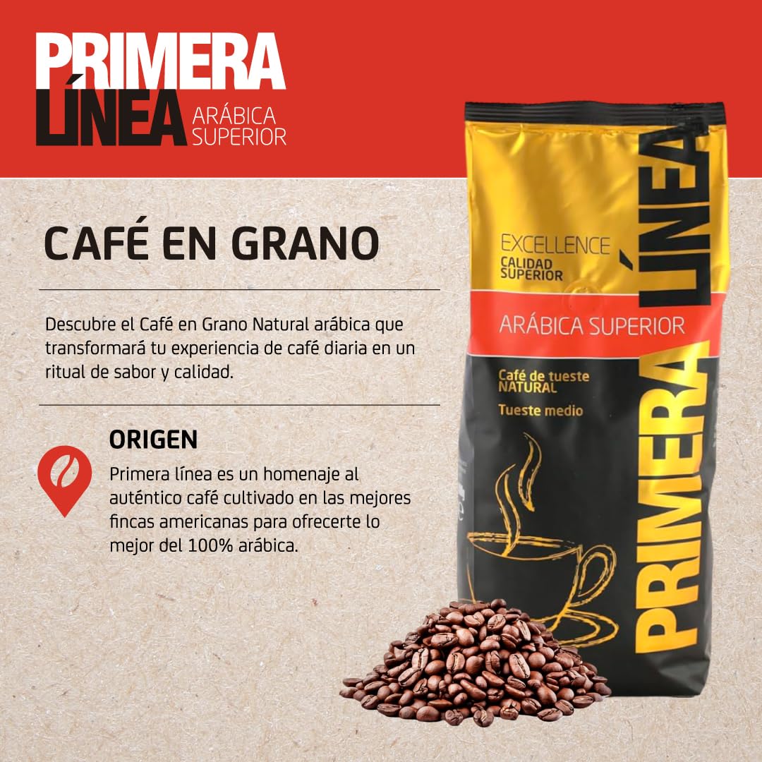 CAFE PRIMERA LÍNEA | Café en Grano Natural Gourmet Exclusivo 1kg | 100% ARABICA | Tueste Medio | Sabor Único y Auténtico| Ideal para Máquinas Espresso | Intensidad Media y Retrogusto Suave