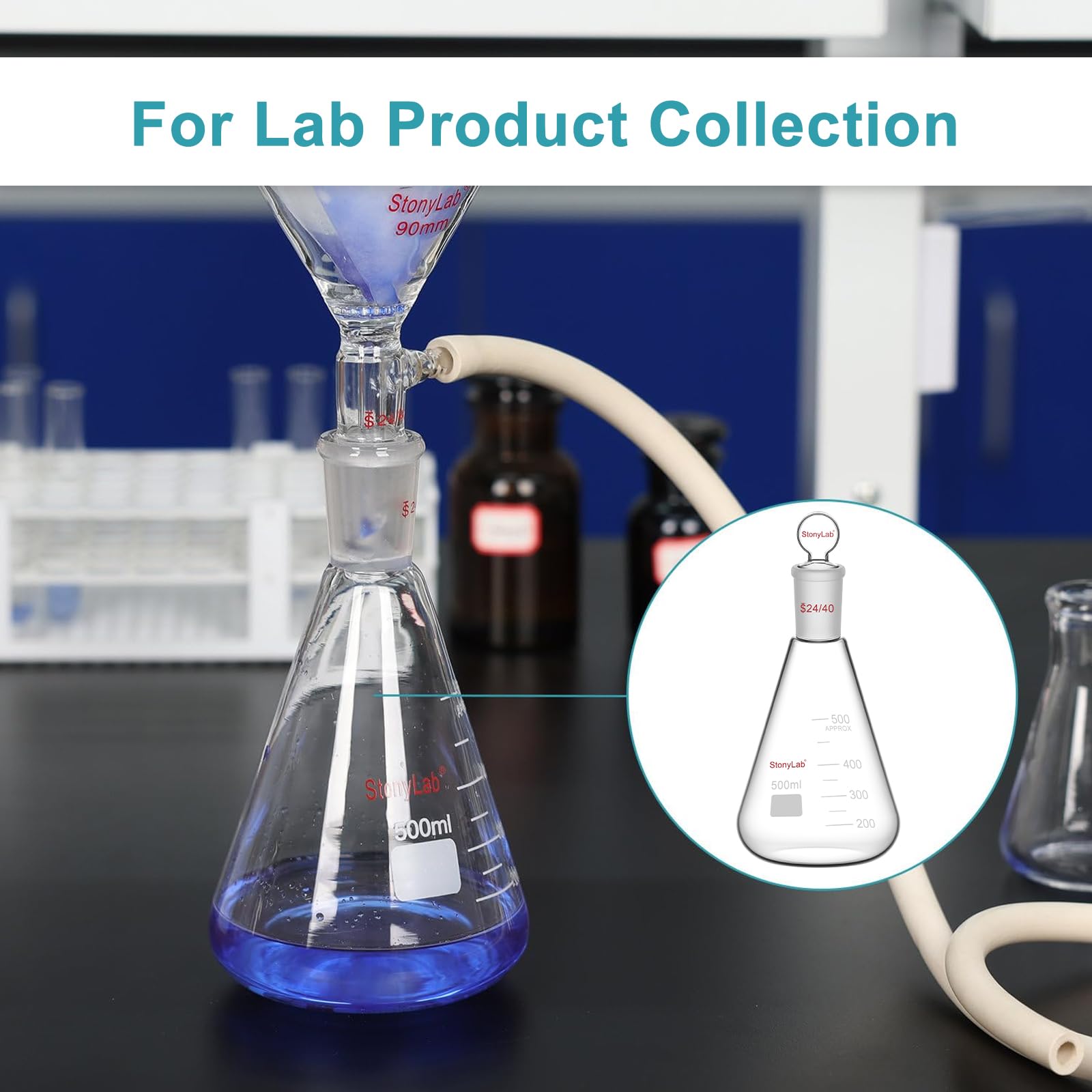 stonylab Matraz Erlenmeyer 24/40 de Vidrio con Tapón, 500 ml Frasco de Pared Gruesa de Vidrio Borosilicato con Junta Exterior Cónica Estándar 24/40 y Tapón de Vidrio