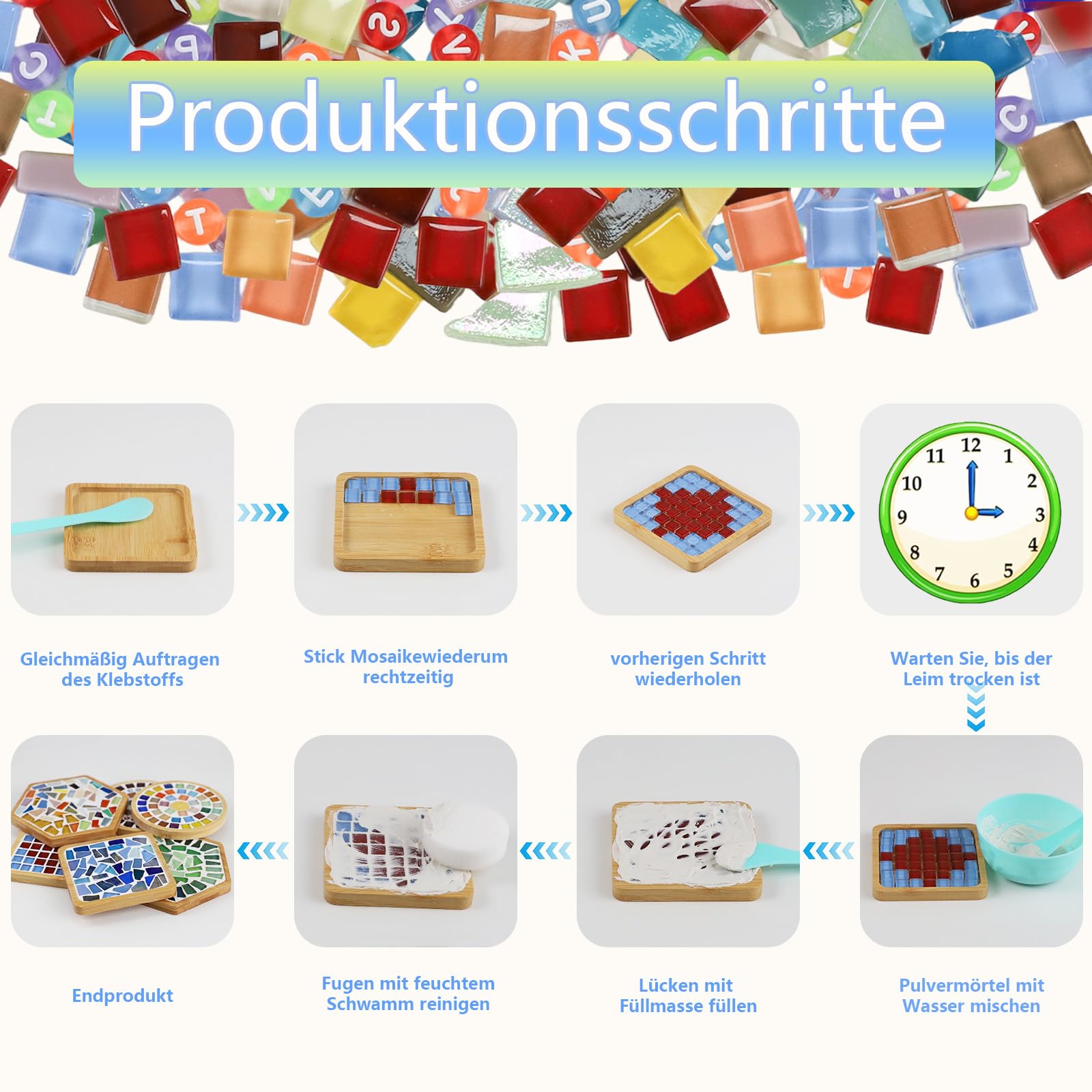 MOVATEK DIY Mosaik Untersetzer Bastelset für Erwachsene – 6 Stück Glas-Mosaik Untersetzer zum Selbstgestalten, Kreatives Bastelset für Entspannung, Geschenkidee & stilvolle Home Deko