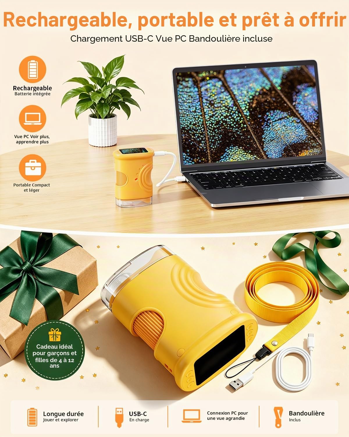 Microscope Numérique Portable pour Enfants avec Écran IPS 2.0 Pouces, Rechargeable, Stockage de Photos Intégré, 200X Mini Scope de Poche Cadeaux Éducatifs pour 4-12 Ans - Orange