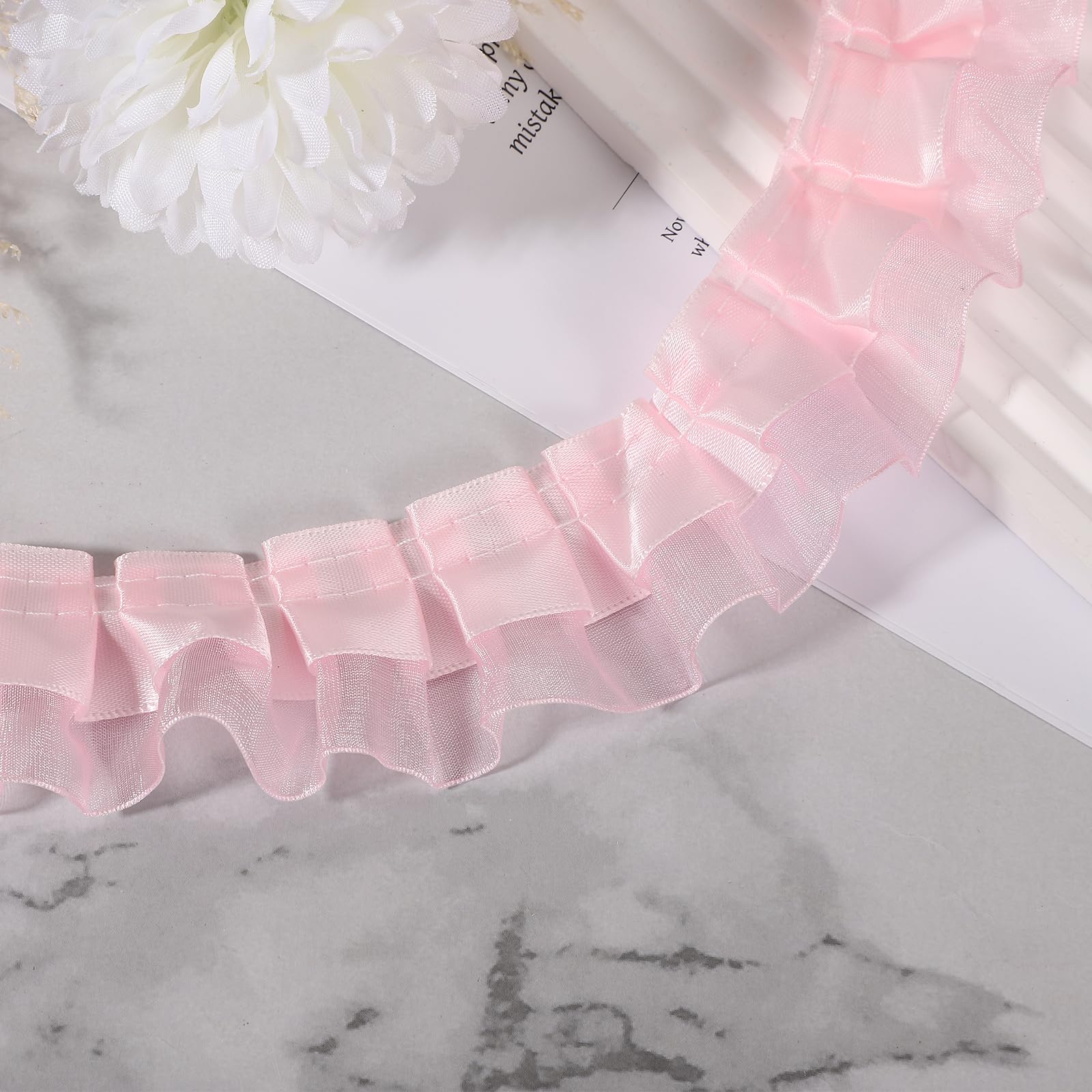 sourcing map 10 Yards 2-Layer Satin Ruffle Trim Lace Ribbon Sewing Lace Fabric Trim for DIY Craft Dress Clothing Wedding Gift Home Decoration, Solid Pink