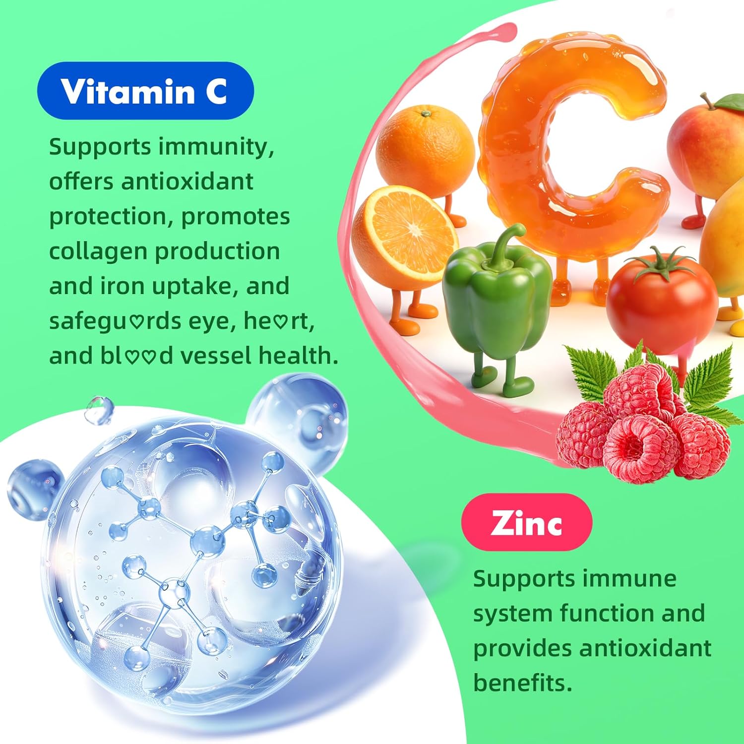 MEENCCD 2 Pack Vitamin C Gummies for Adults, Chewable Vitamin C Gummies with Zinc for Antioxidant Support, Vegan, Non-GMO, Sugar-Free, Raspberry Flavor, 120 Count