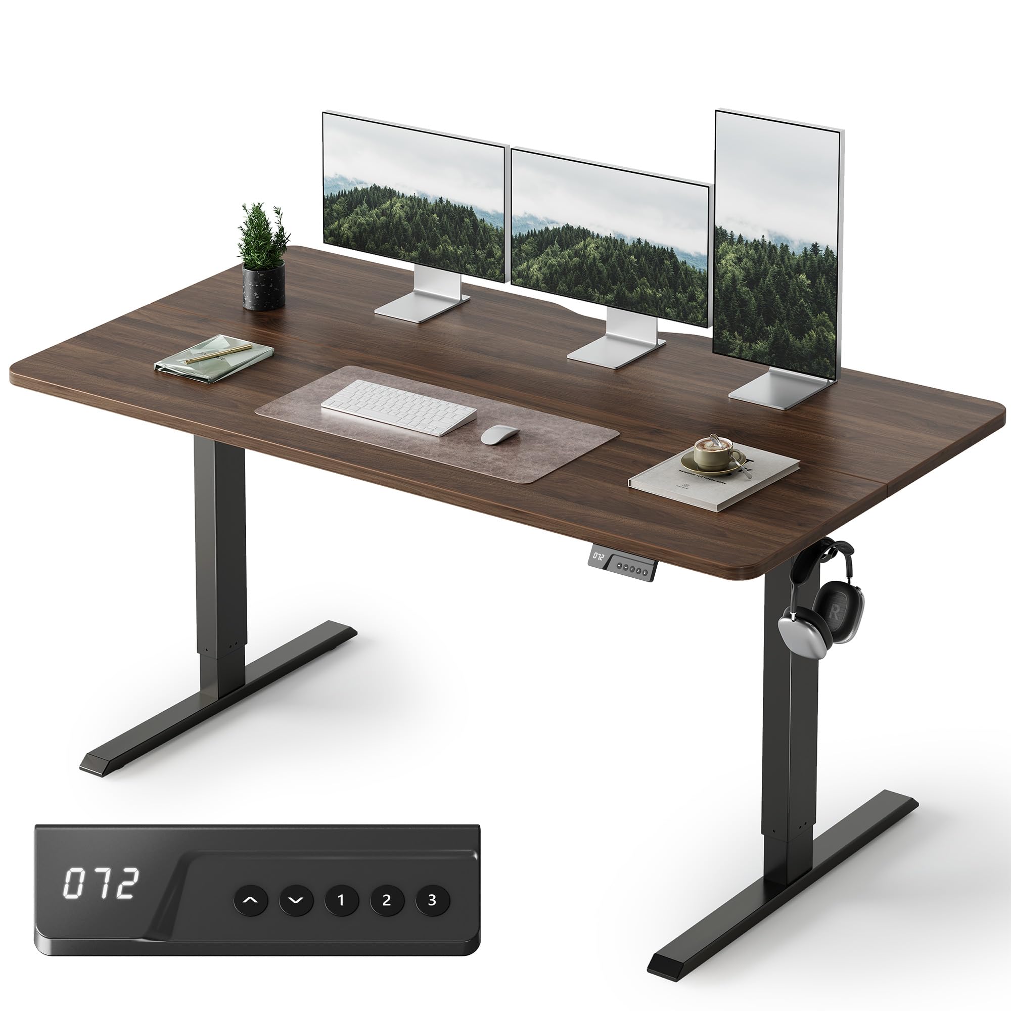 FEZIBO Standing Desk, 63×28 Inches Electric Height Adjustable, Sit Stand Up, Computer Office Desk with Splice Board, Black Frame/Black Walnut TOP