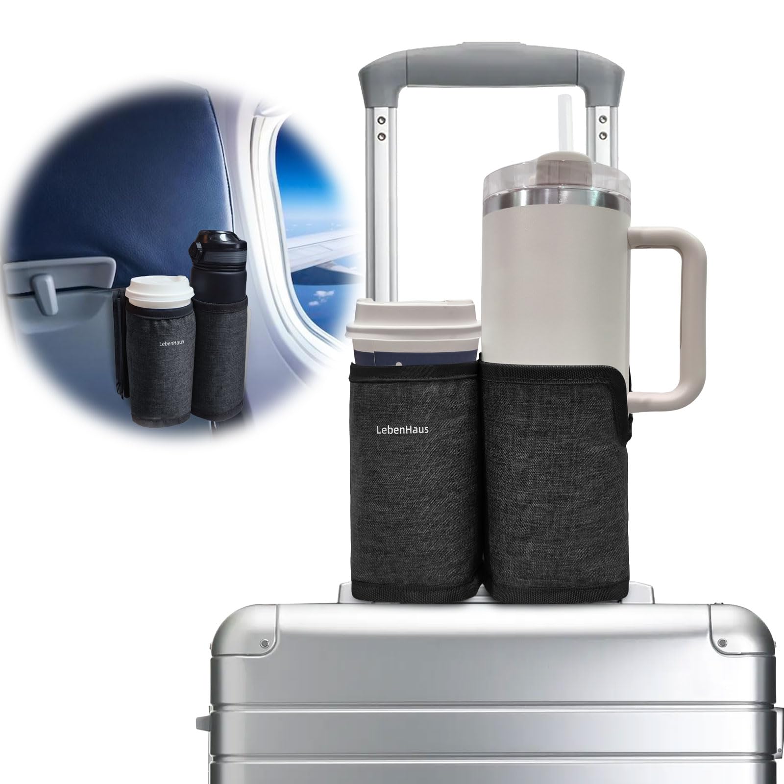 LebenHaus 2 in 1 Luggage Cup Holder for Suitcase|Airplane Tray Table Carry on Hands Free Drink Carrier for Stanley Tumblers Coffee Beverage Organizer