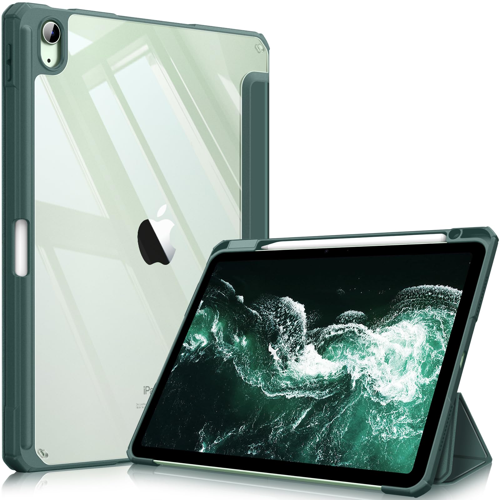 Fintie Hybrid Hülle für iPad Air 11 Zoll M4/M3/M2 (2026/2025/2024), iPad Air 5./4. Gen (2022/2020) 10,9 Zoll, mit Stifthalter, stoßfeste Schutzhülle mit transparenter Hartschale, Dunkelgrün