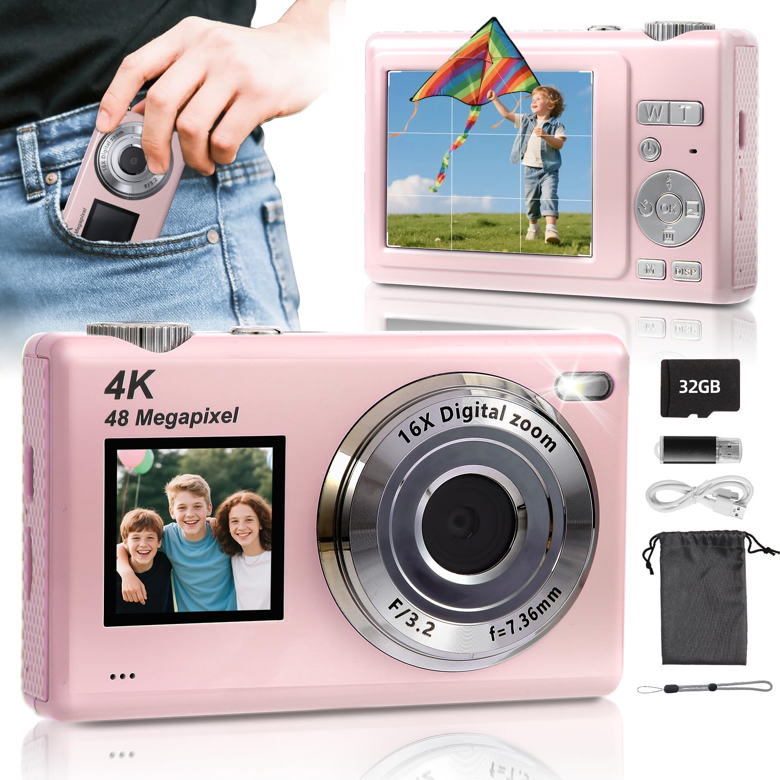 Digital Camera with Dual Screen,Autofocus 4K 48MP Vlogging Cameras for Photography with 16GB Card,Point and Shoot Digital Cameras,16X Zoom,Anti-Shake,Present for Kid Teen Beginner,Y5