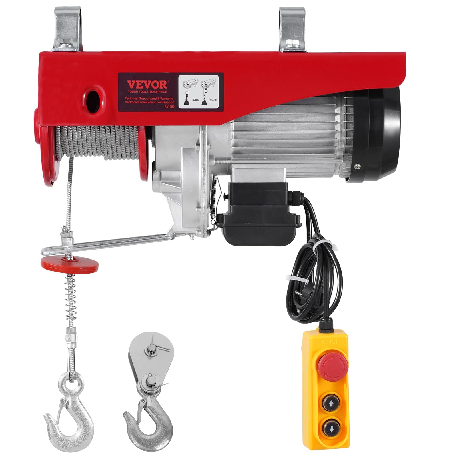 VEVOR Polipasto Eléctrico Carga de 1200kg Cabrestante Eléctrico 230V Control Remoto con Cable de 4,​2m Eslinga Simple Doble Parada de Emergencia Polipasto Elevador para Garaje, Almacén, Fábrica