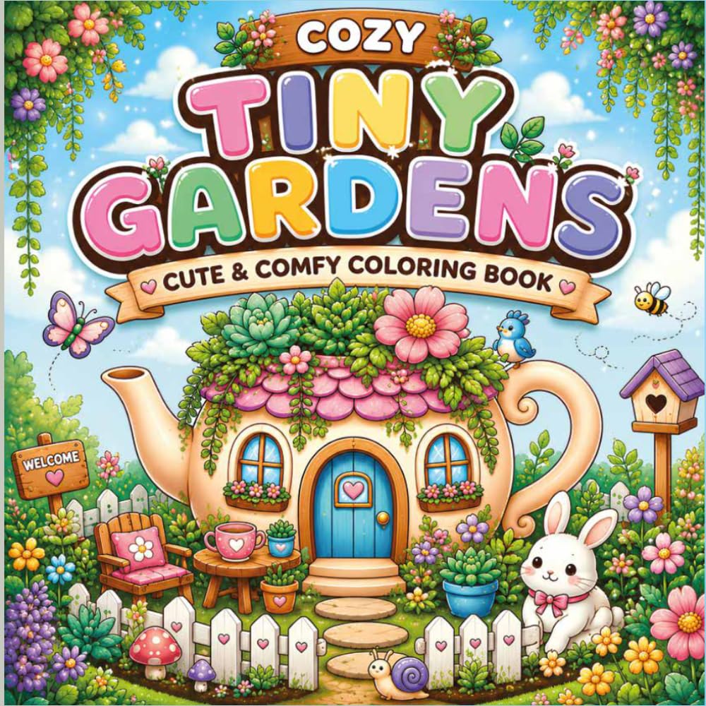 Tiny Gardens: Cozy Coloring Book: Whimsical Mini Gardens, Cute Cottage Homes, Flowers, Mushrooms, Adorable Animals, and Relaxing Nature Scenes for Adults and Teens