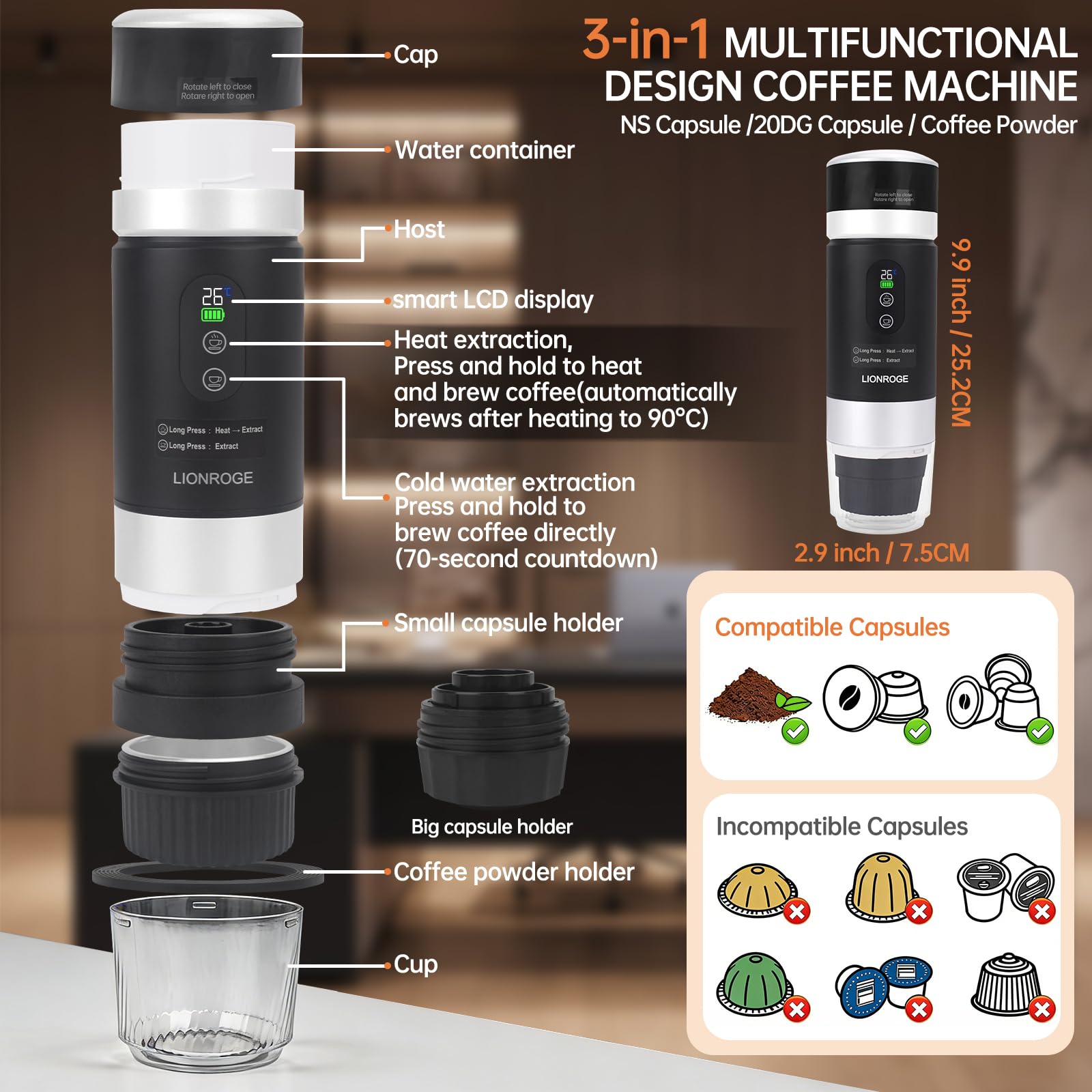 LIONROGE Akku Kaffeemaschine,3 in 1 Tragbare Espressomaschine,mini Espressomaschine für Kapsel und Gemahlener Kaffee,mit Wechselbare Akku*2 für Wohnmobil Wandern Camping