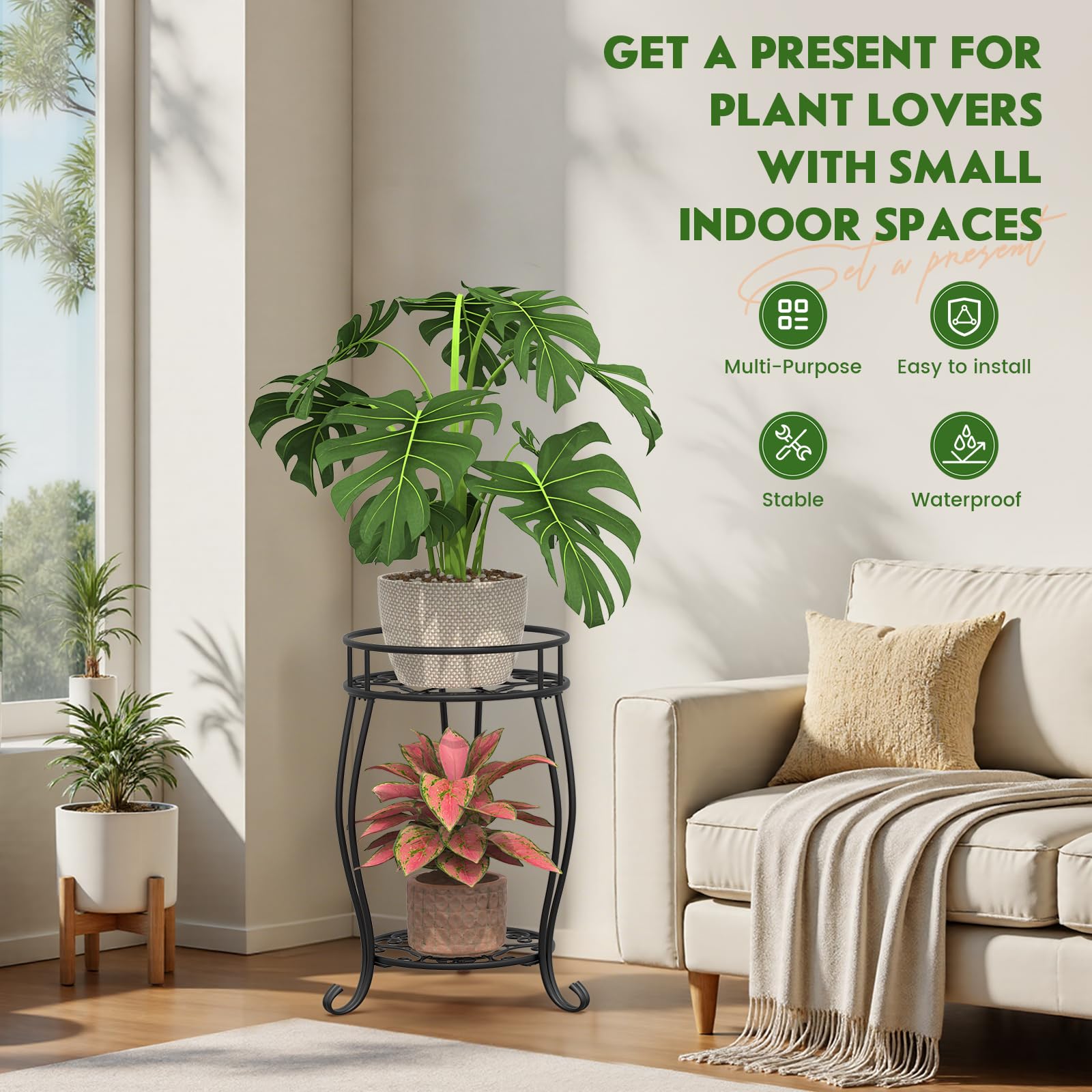 Soporte de metal de 2 niveles para plantas para interiores y exteriores, resistente al óxido, soporte estable para múltiples plantas, soporte para macetas para sala de estar, balcón, jardín, patio 4