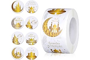 500Pcs Eid Mubarak Mubarak Sticker, Gold Ramadan Stickers for Eid Party Decoration