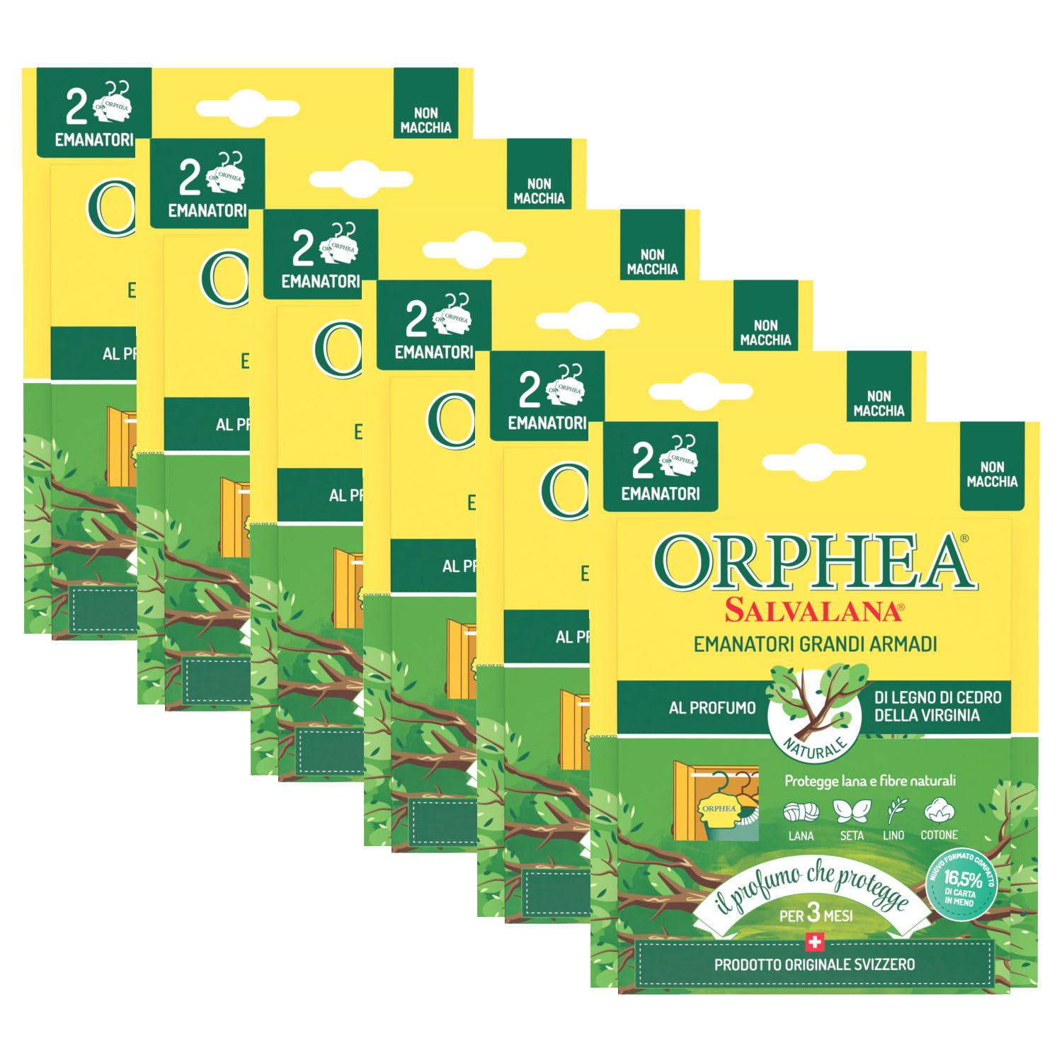 Orphea Salvalana, grandes armoires, protège la laine et les vêtements toute la saison, agit pendant 3 mois, parfum en bois de cèdre de Virginie, 6 paquets de 2 émanateurs