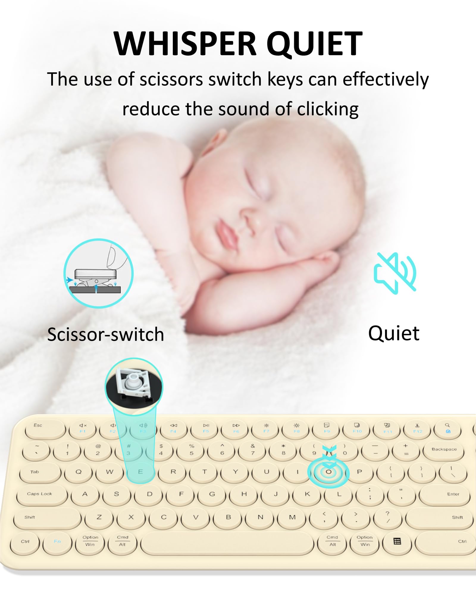Teclado Bluetooth silencioso – Teclado inalámbrico estético multidispositivo – 110 teclas de tamaño completo delgado lindo teclado para laptop, computadora, PC, portátil, Windows, Mac OS, Android