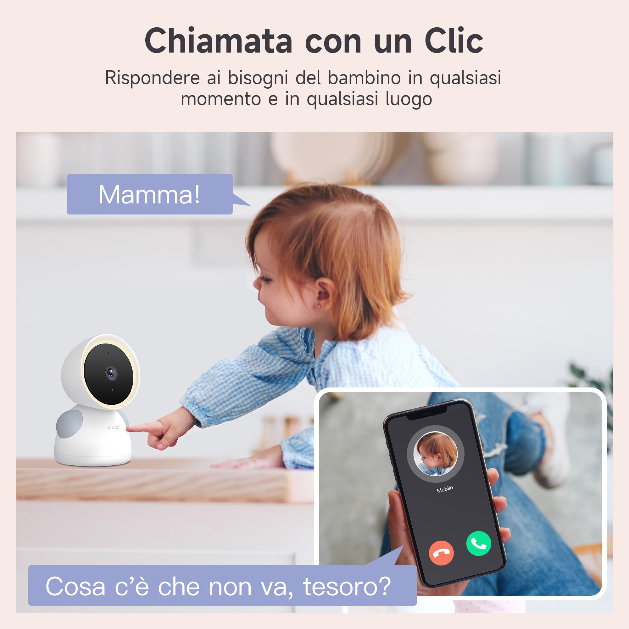 Arenti Baby Monitor Video e Audio con 2 Telecamere, 2K Telecamera Bambini con Monitor 5'', Rilevamento di Temperatura/Umidità e Suoni/Movimenti, Promemoria di Allattamento, Ninne Nanne, Schermo Diviso