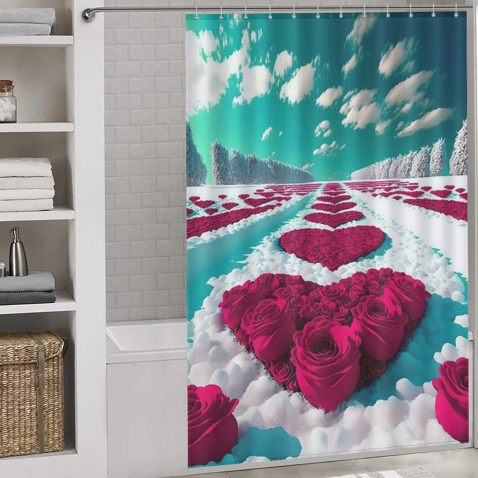 PAZZK Rose Shower Curtains, Shower Curtain with 12 Hooks, Waterproof, Quick-Drying, Washable, Shower Curtains for Wet Room, Bathroom 60x72Inch（152x183cm）